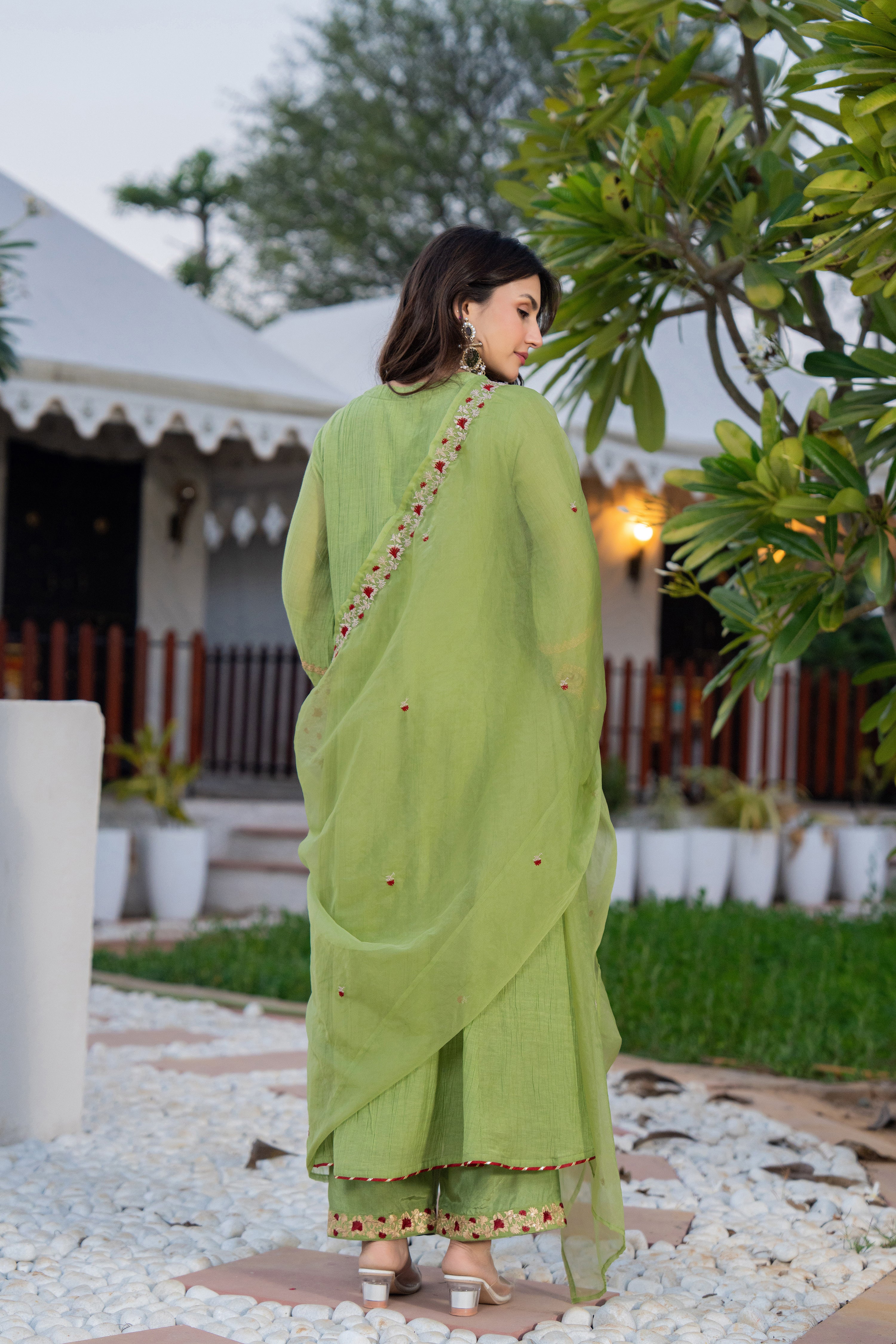 Pista Green Chanderi Embroidered Suit Set