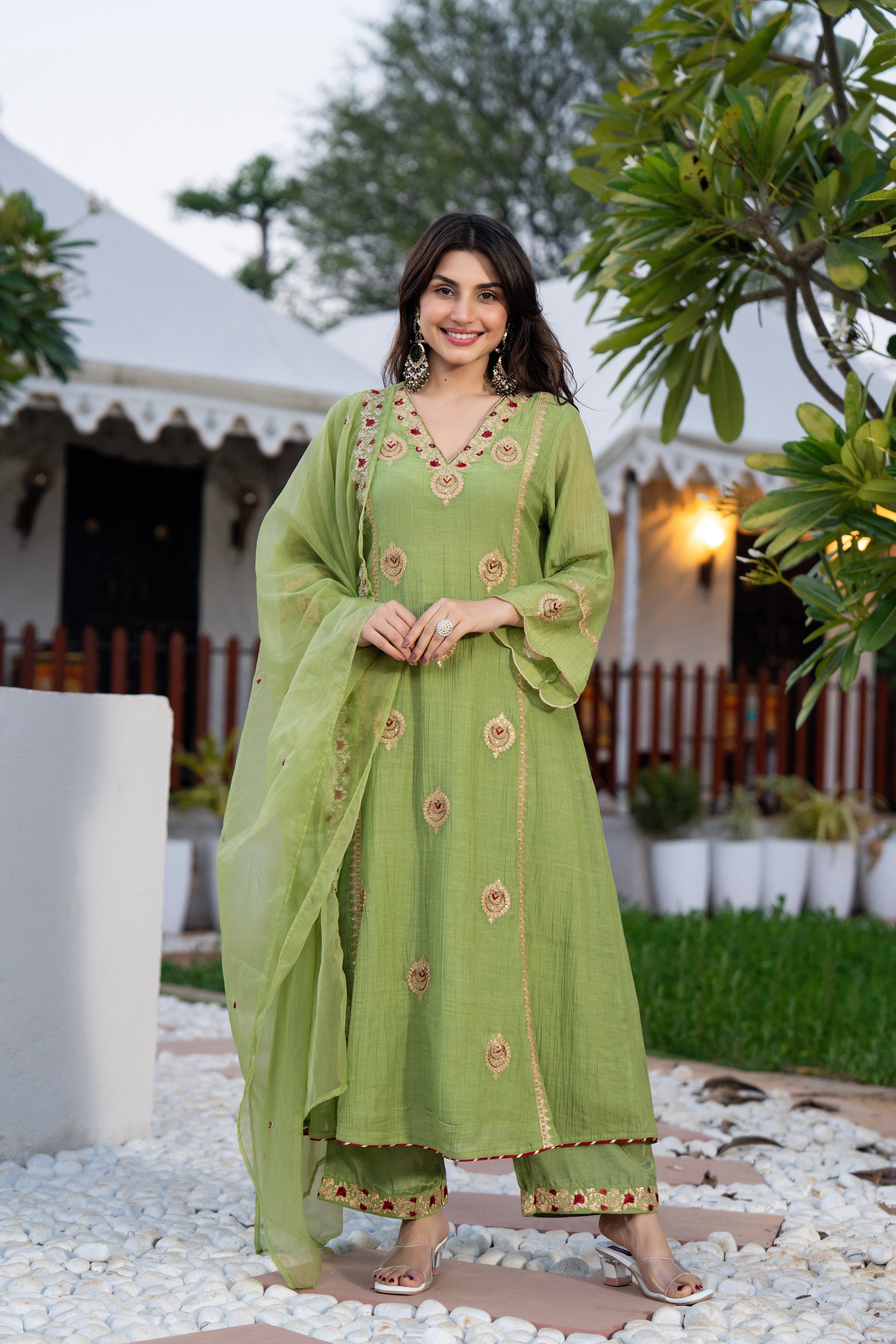 Pista Green Chanderi Embroidered Suit Set