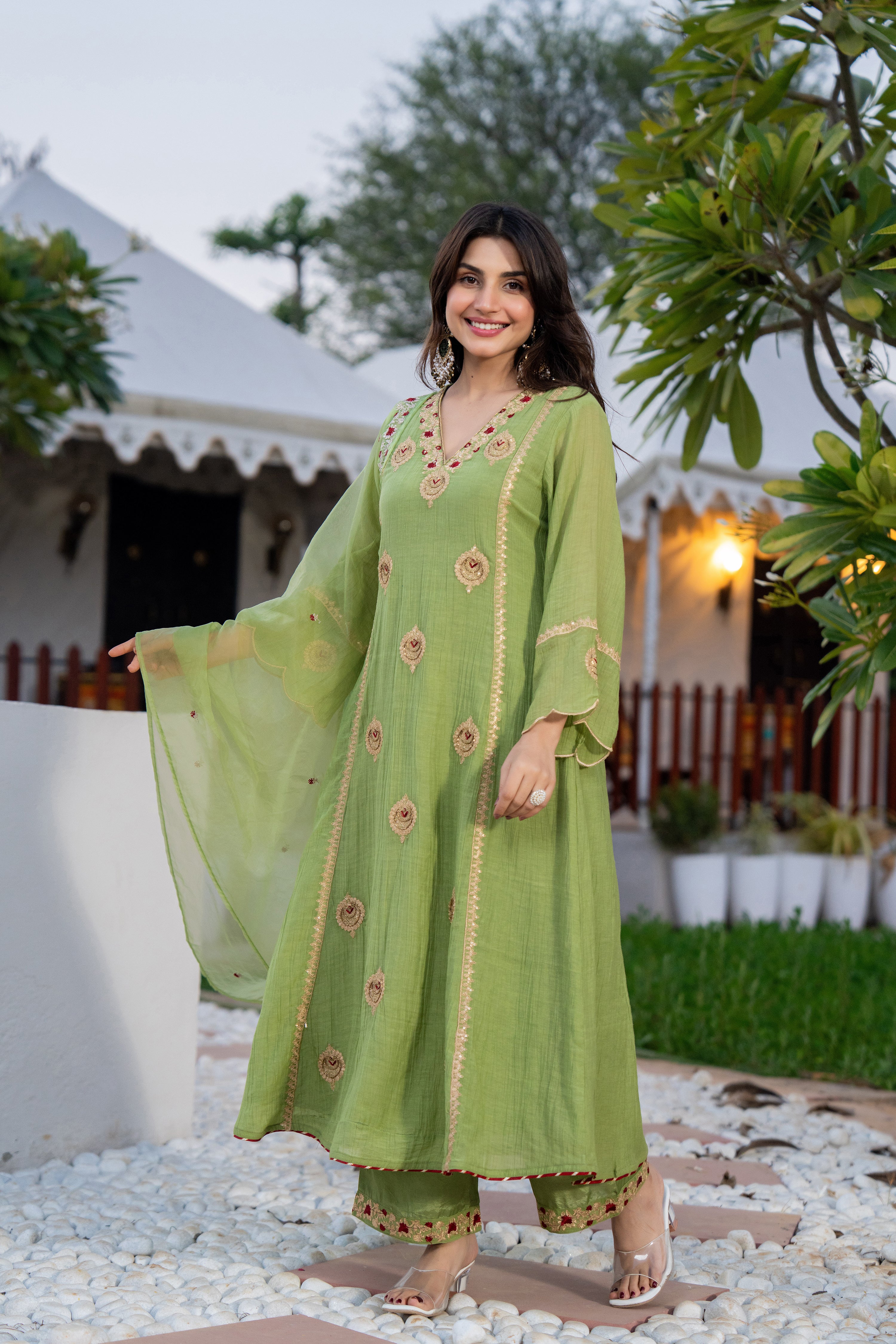 Pista Green Chanderi Embroidered Suit Set