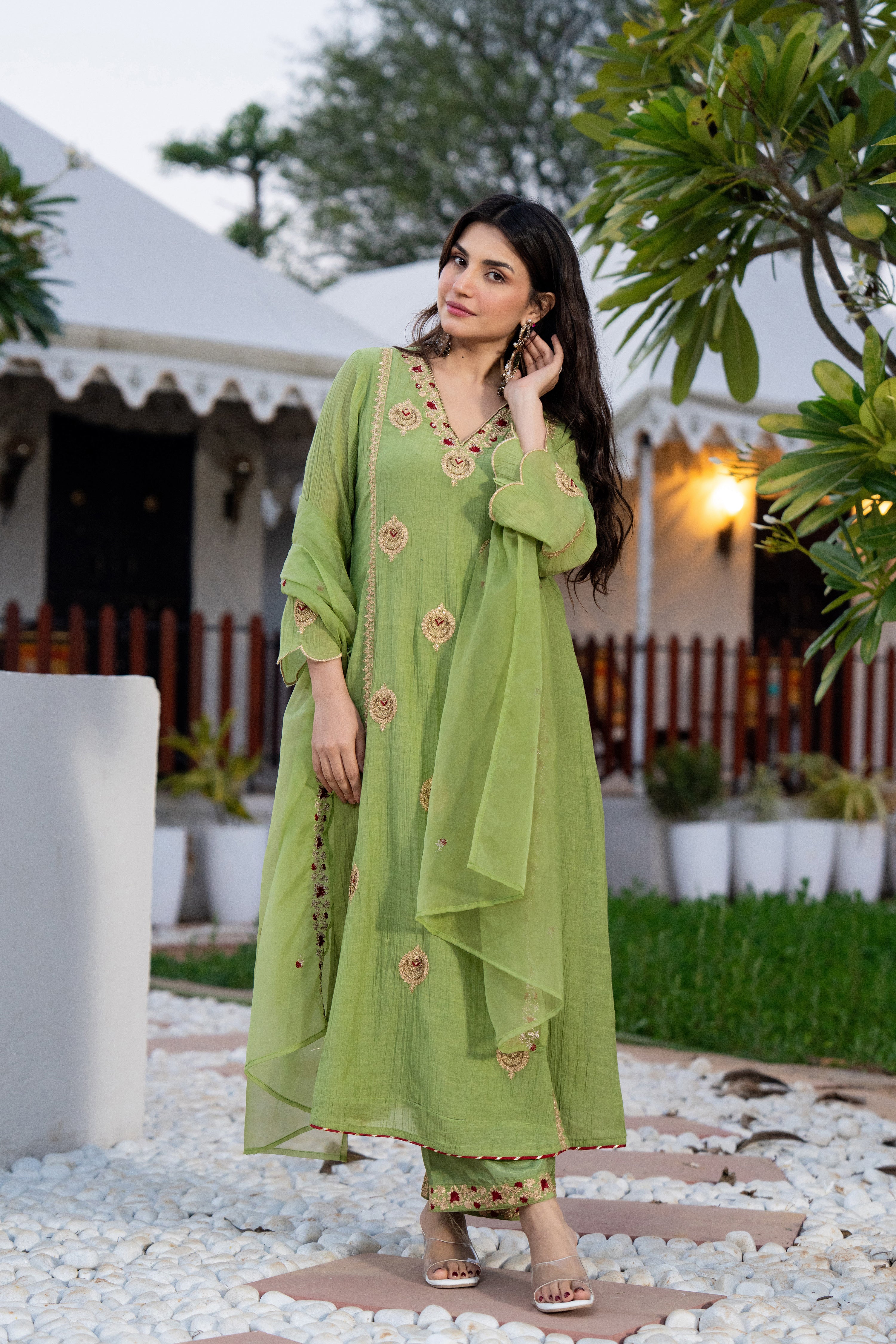 Pista Green Chanderi Embroidered Suit Set
