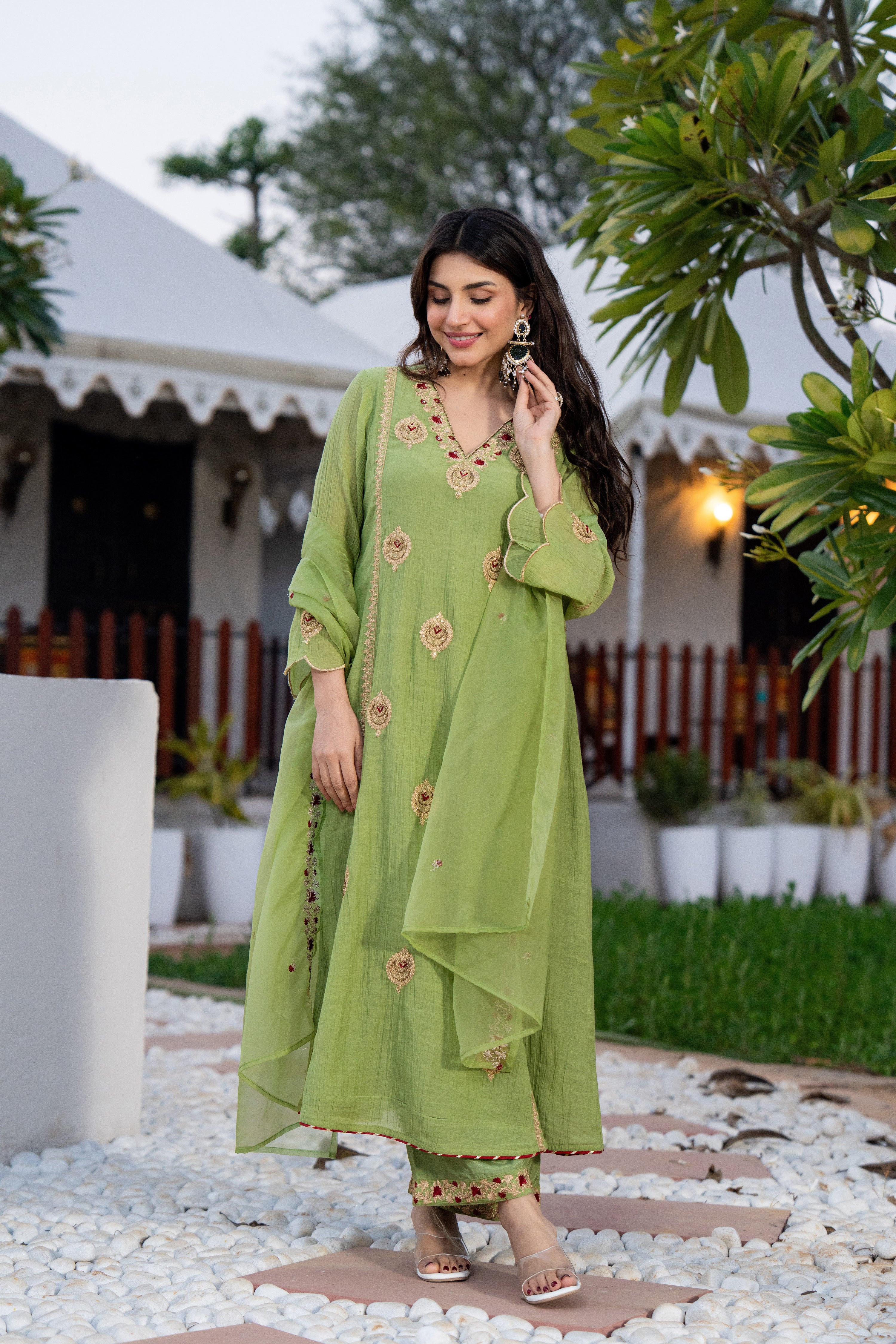Pista Green Chanderi Embroidered Suit Set