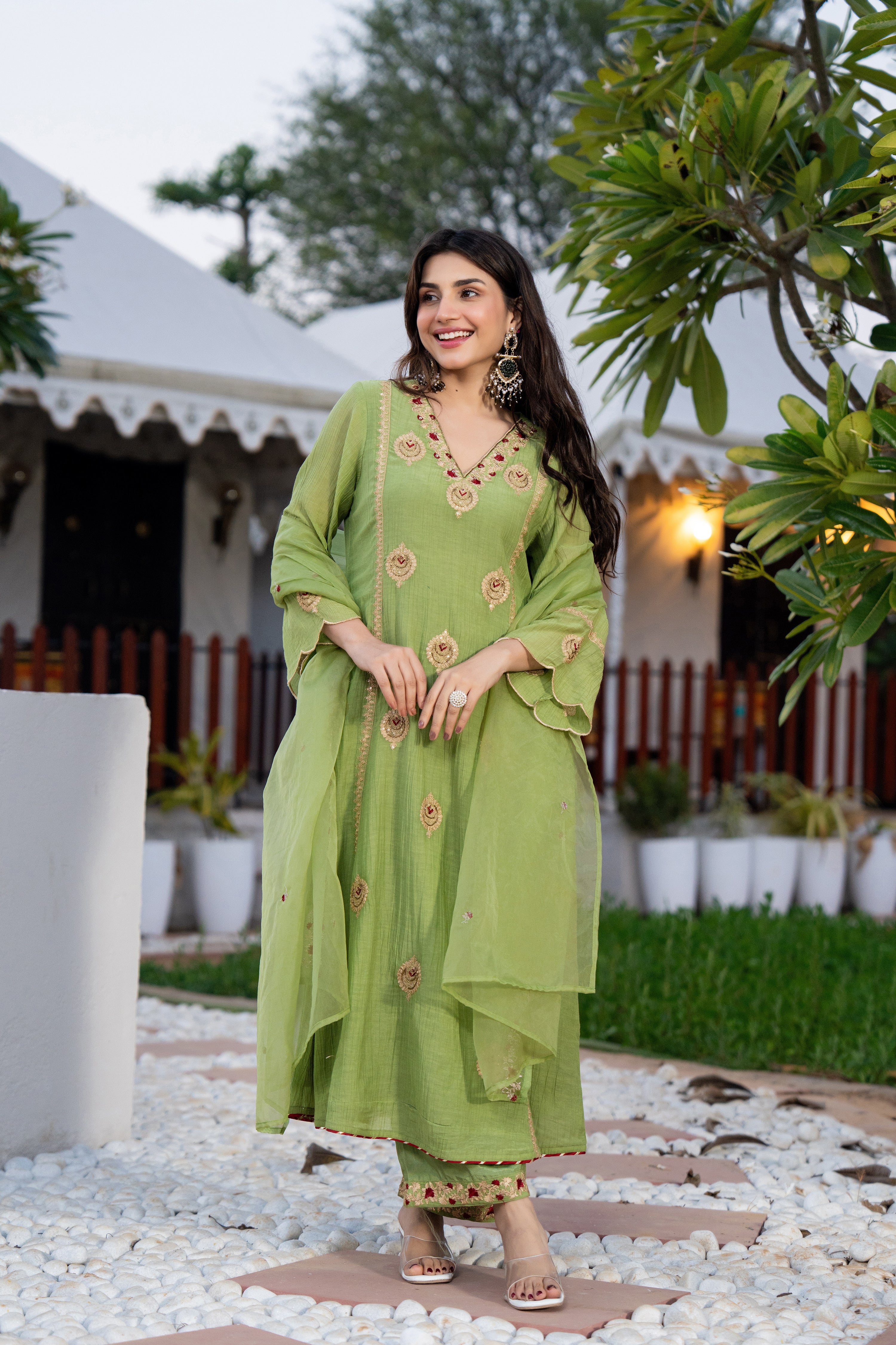 Pista Green Chanderi Embroidered Suit Set