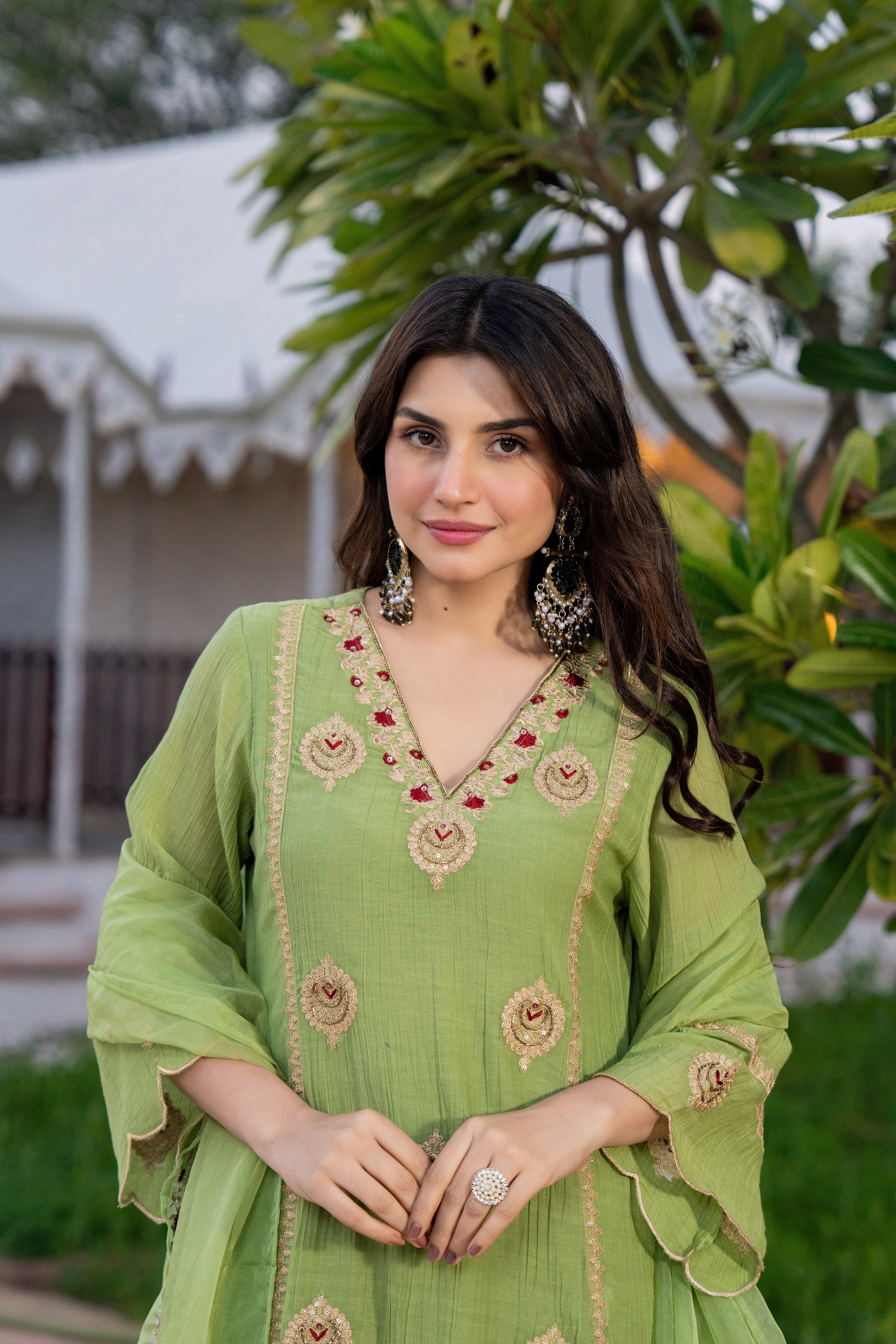Pista Green Chanderi Embroidered Suit Set