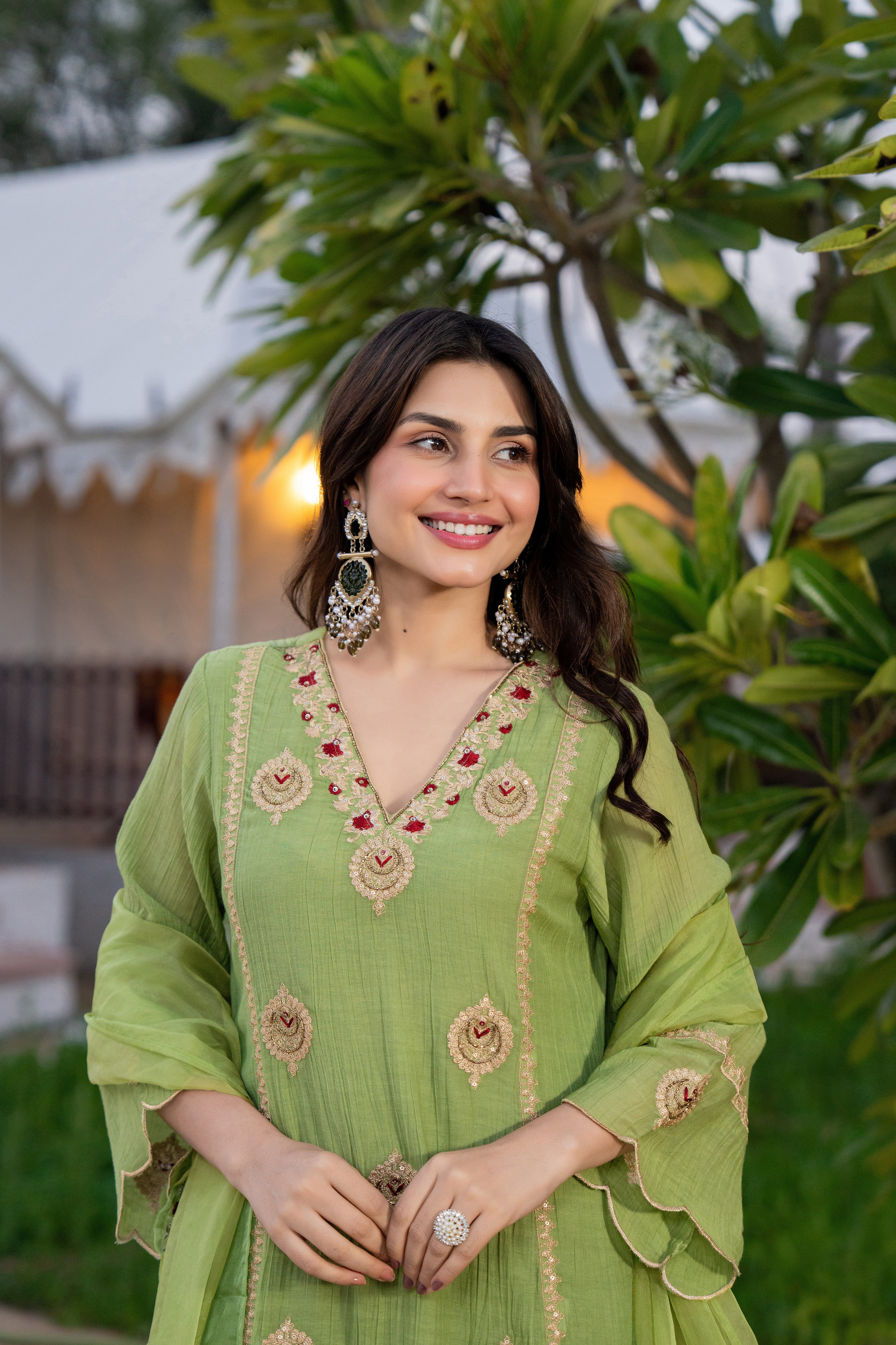 Pista Green Chanderi Embroidered Suit Set