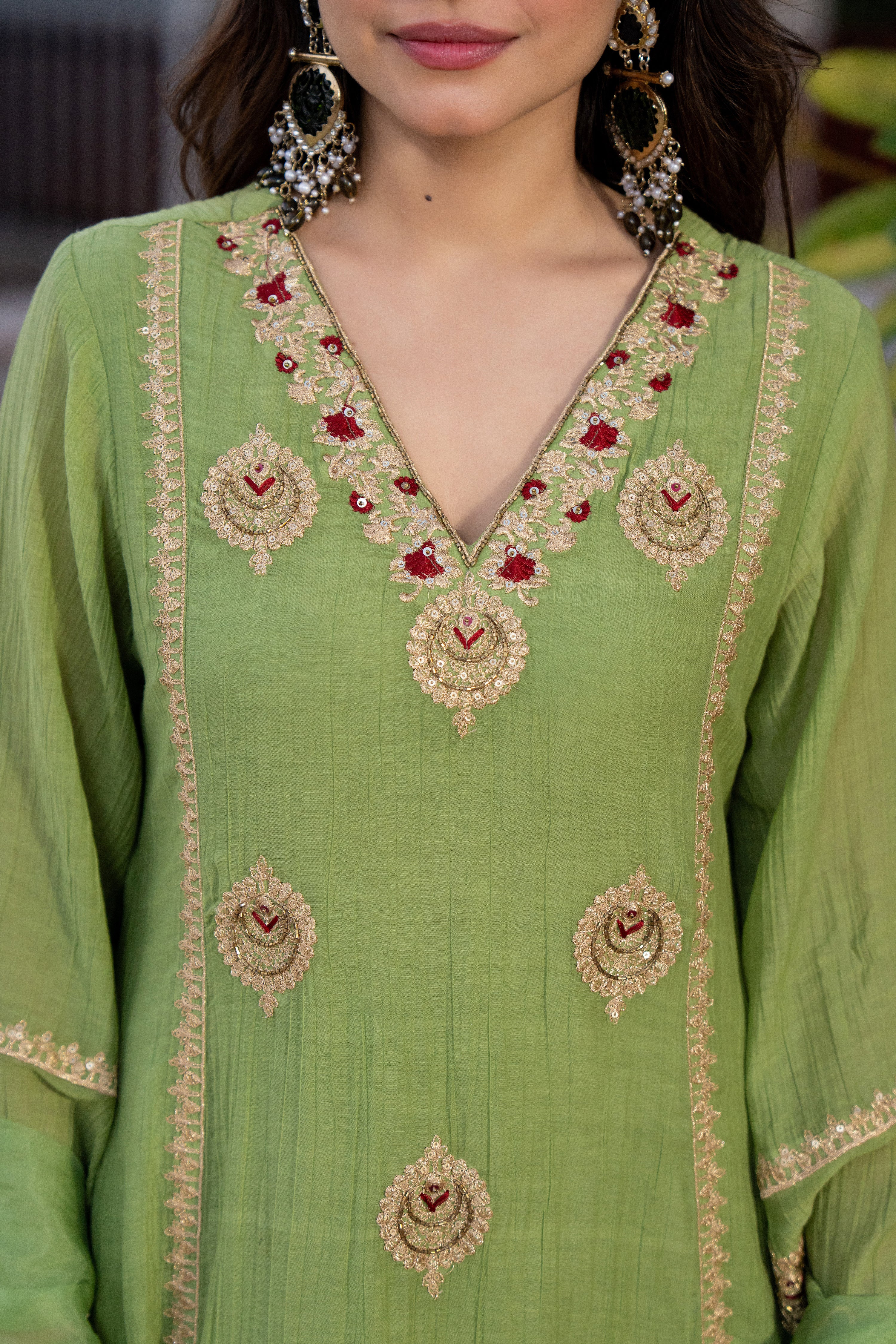 Pista Green Chanderi Embroidered Suit Set