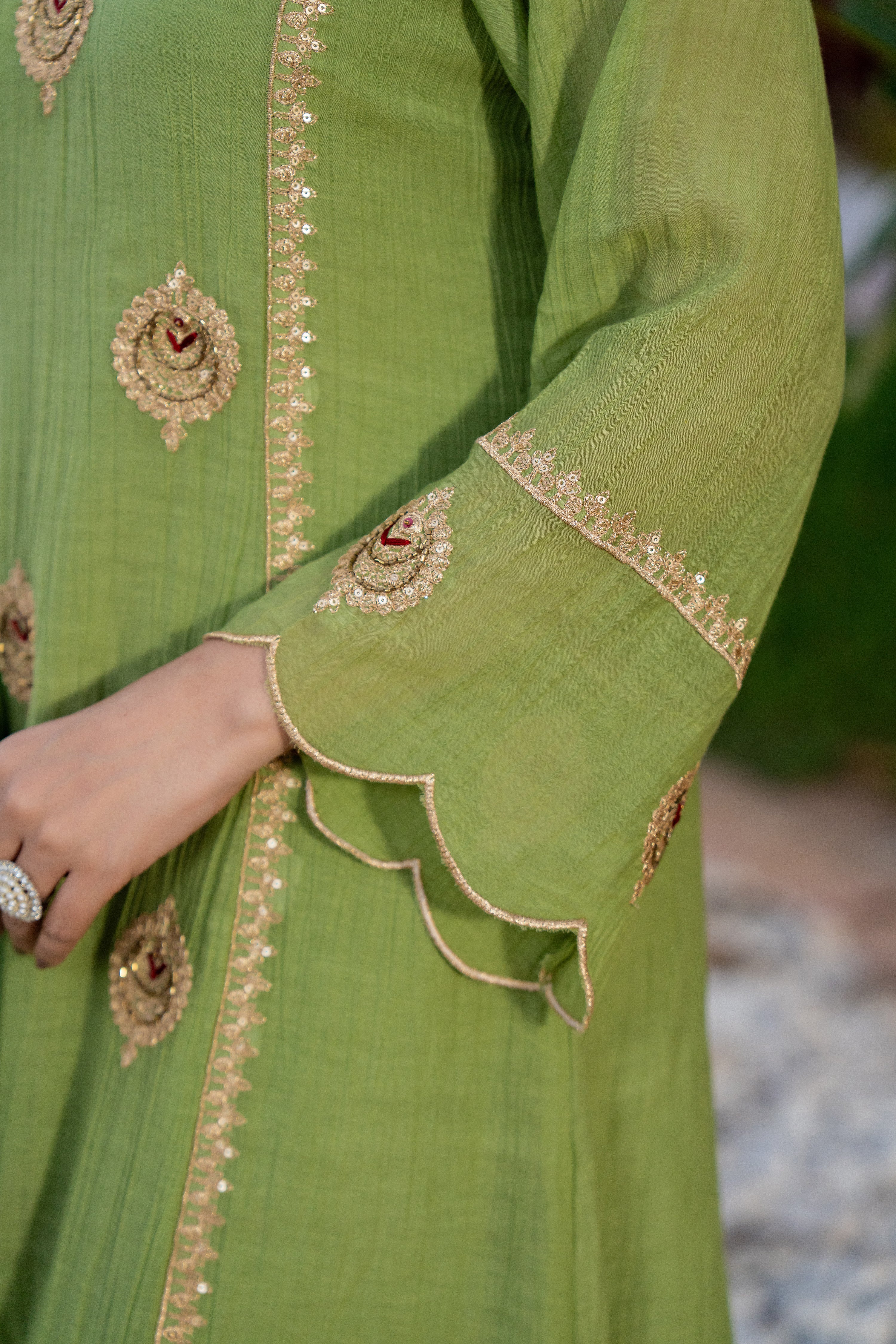 Pista Green Chanderi Embroidered Suit Set