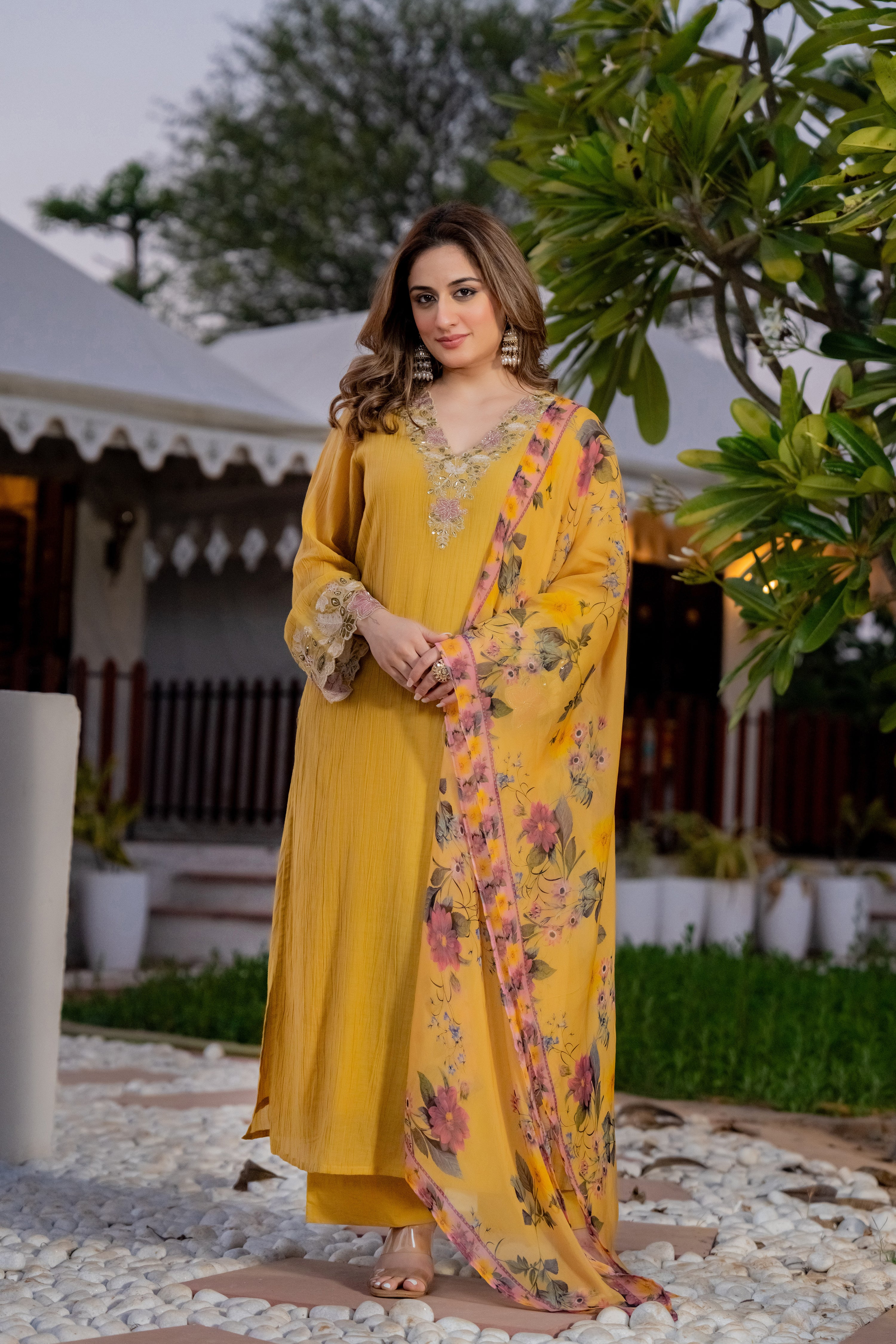 Mustard Yellow Chanderi Embroidered Suit Set