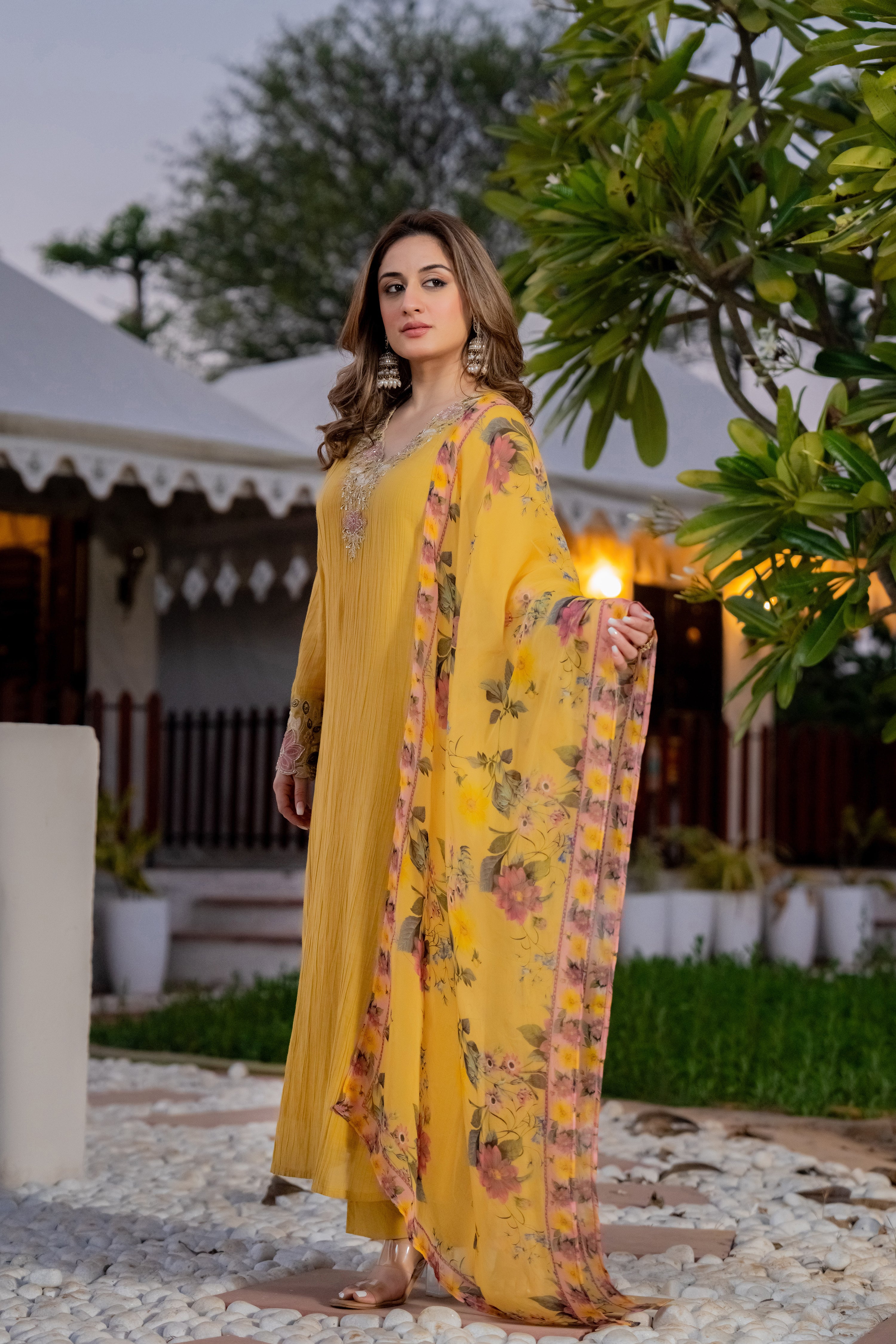 Mustard Yellow Chanderi Embroidered Suit Set