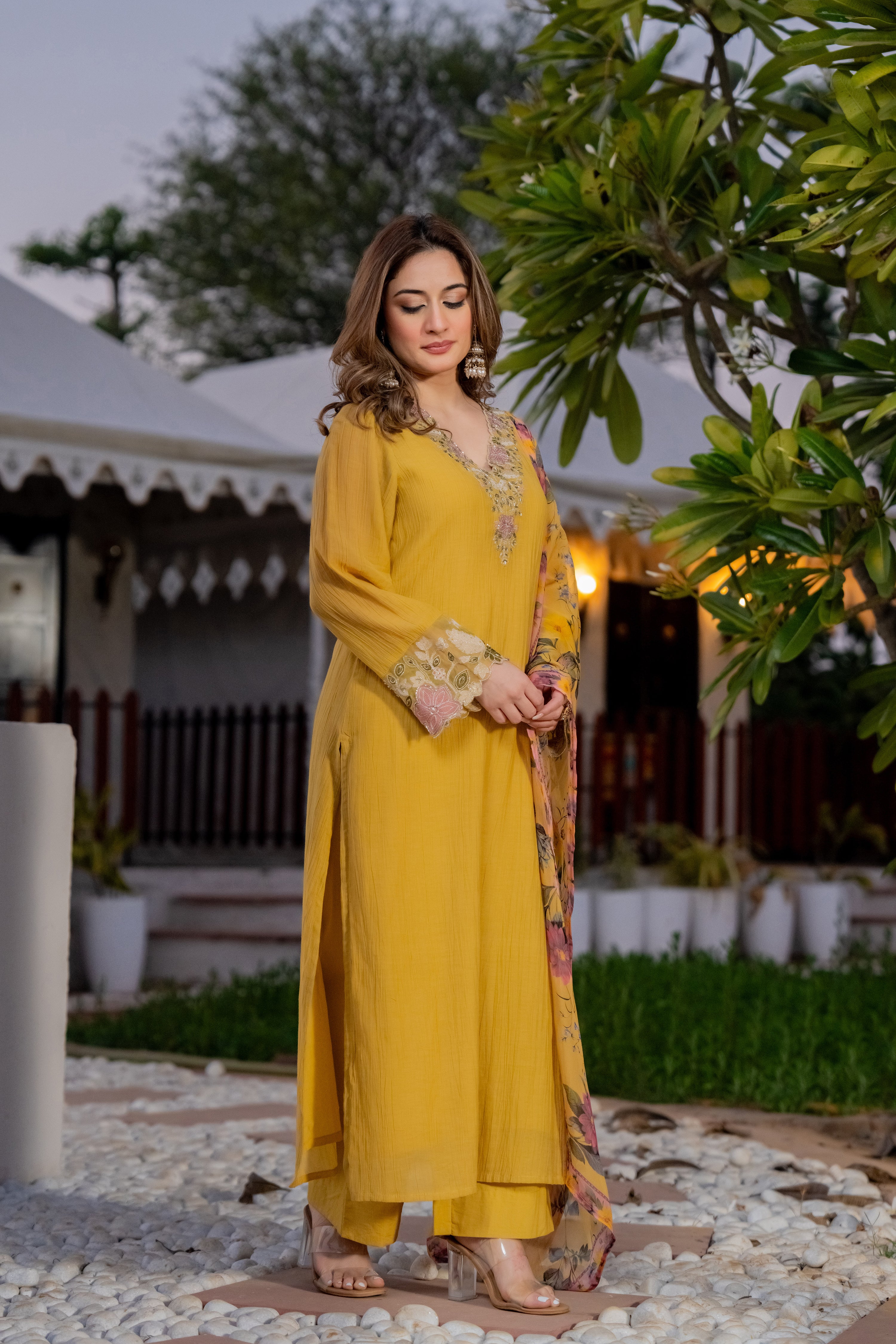 Mustard Yellow Chanderi Embroidered Suit Set