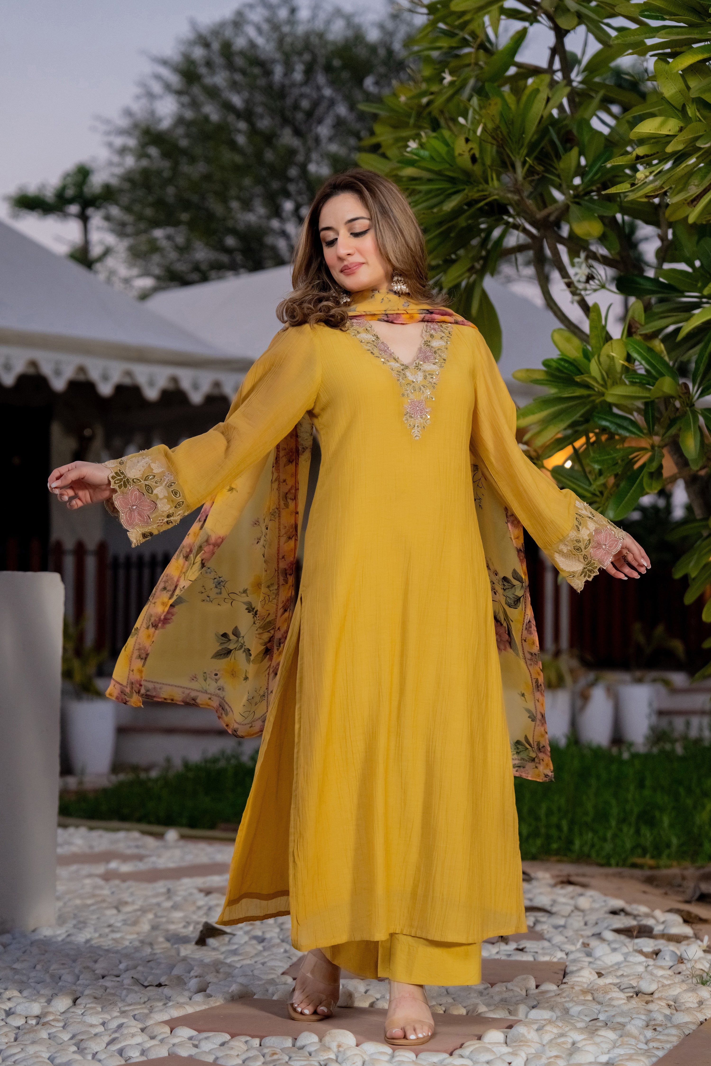 Mustard Yellow Chanderi Embroidered Suit Set