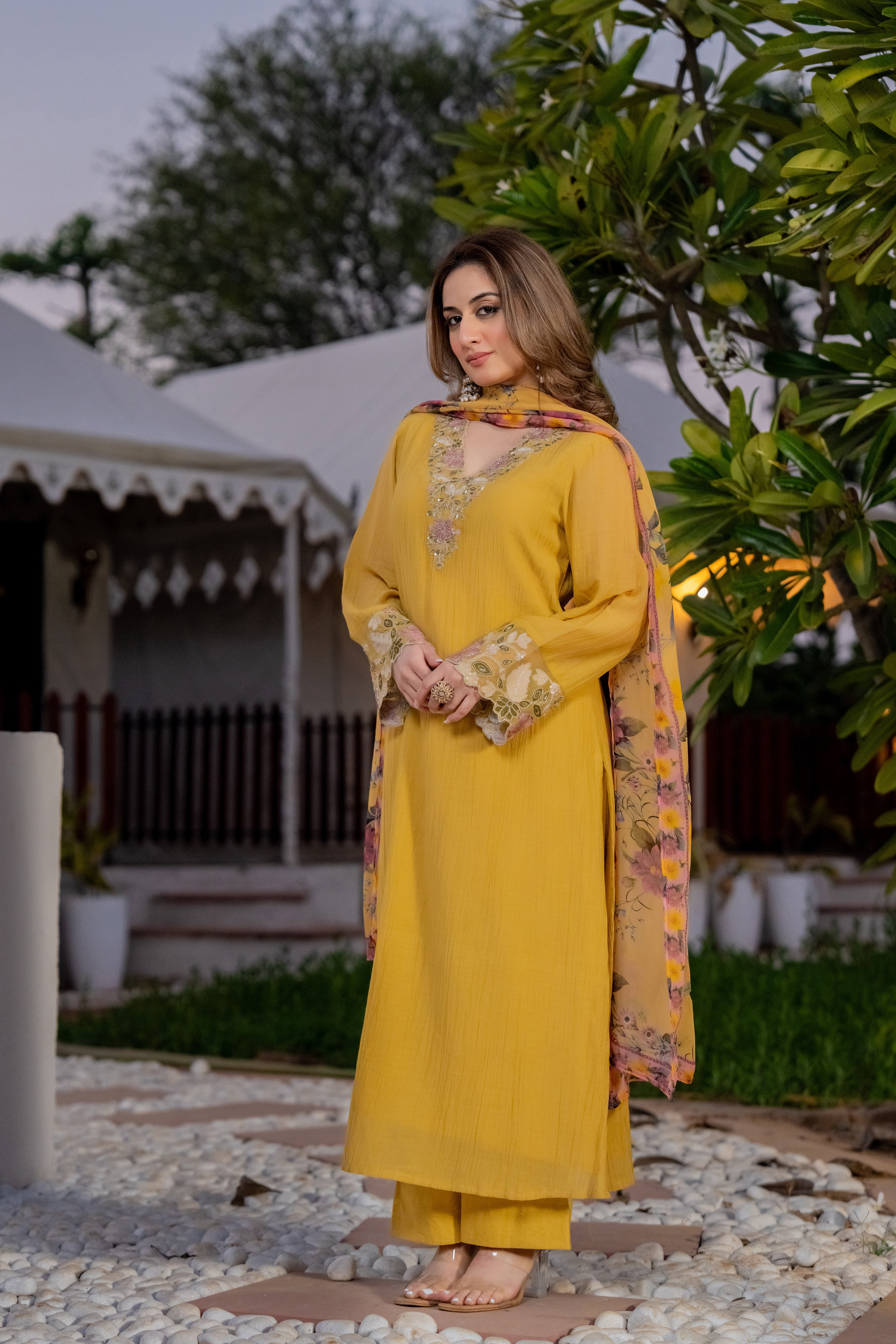 Mustard Yellow Chanderi Embroidered Suit Set