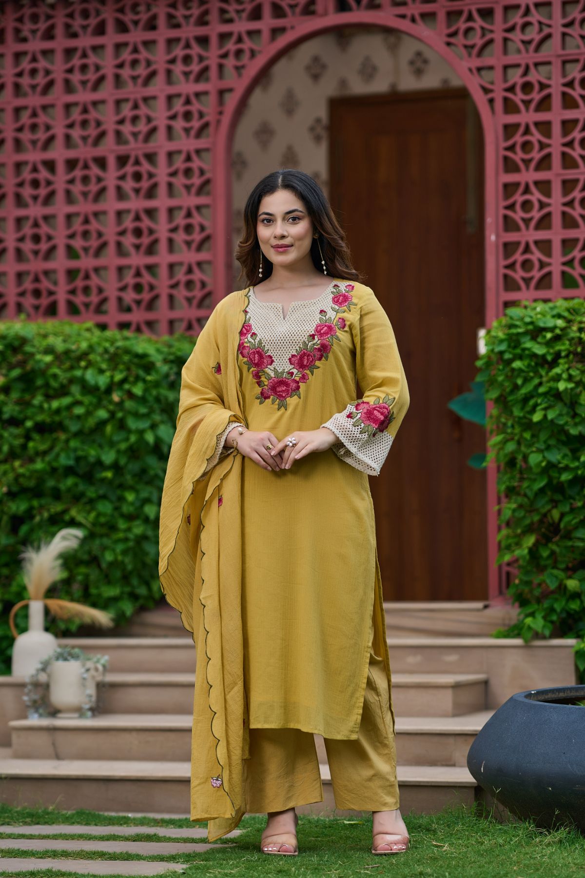 Mustard Rosette Kurta Set