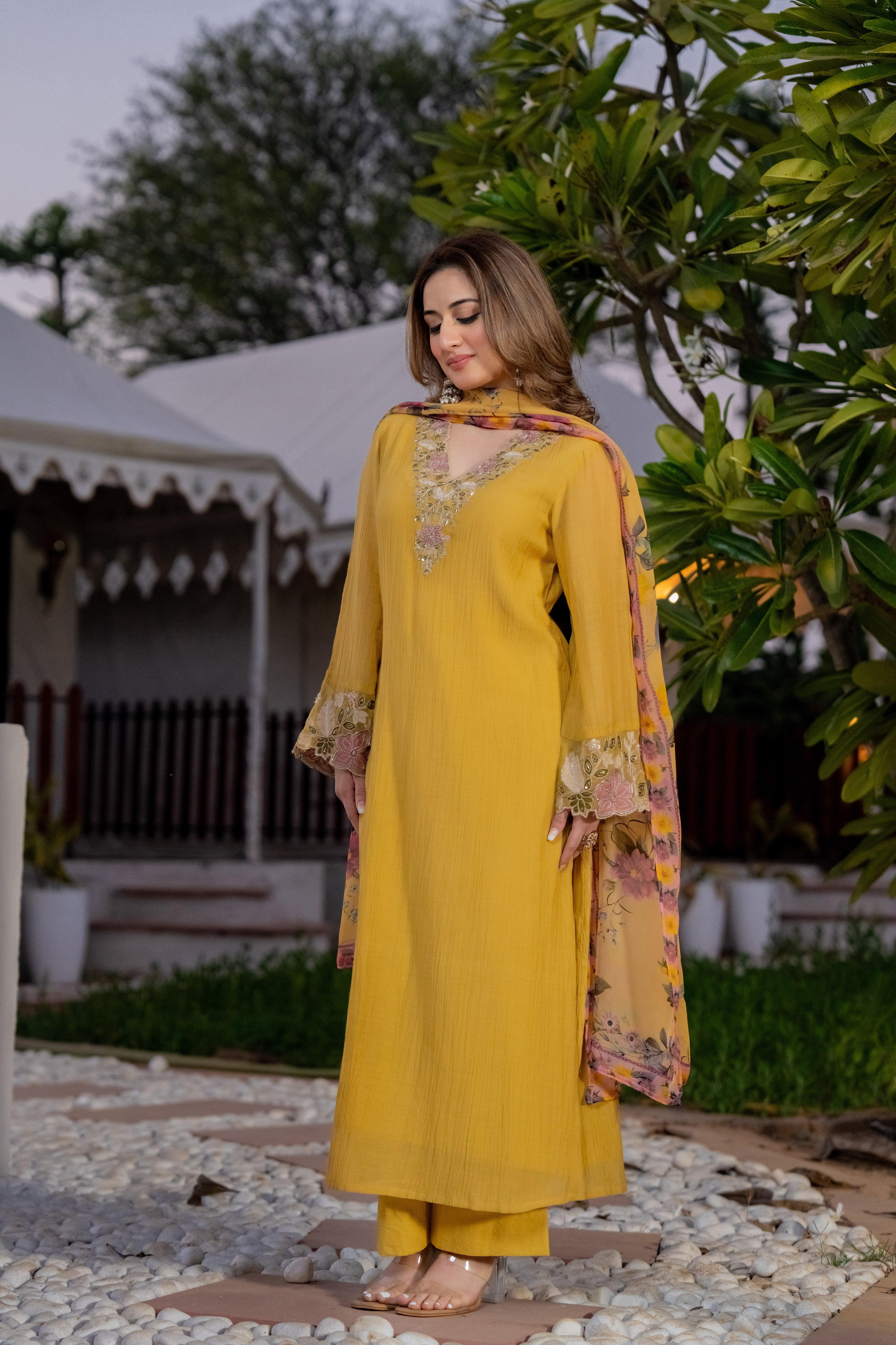 Mustard Yellow Chanderi Embroidered Suit Set