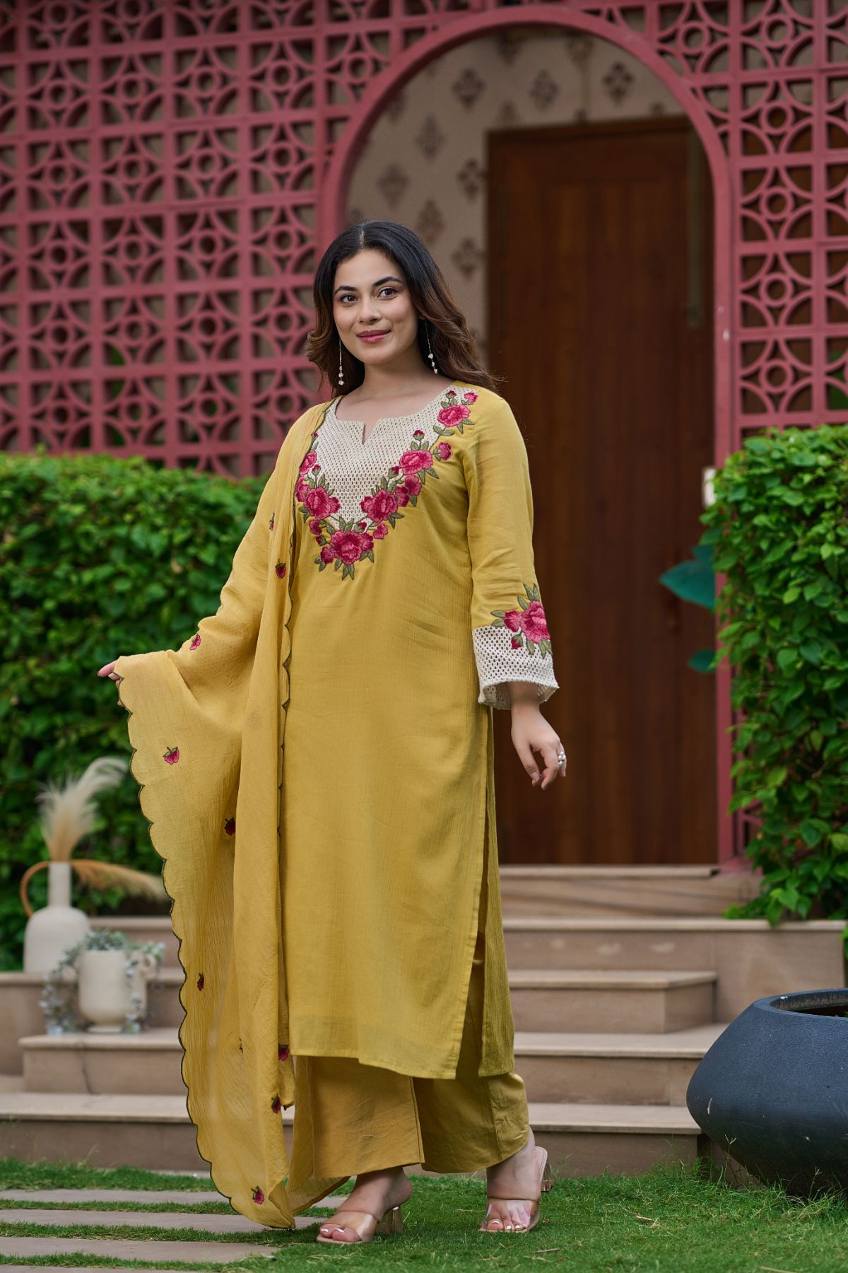 Mustard Rosette Kurta Set
