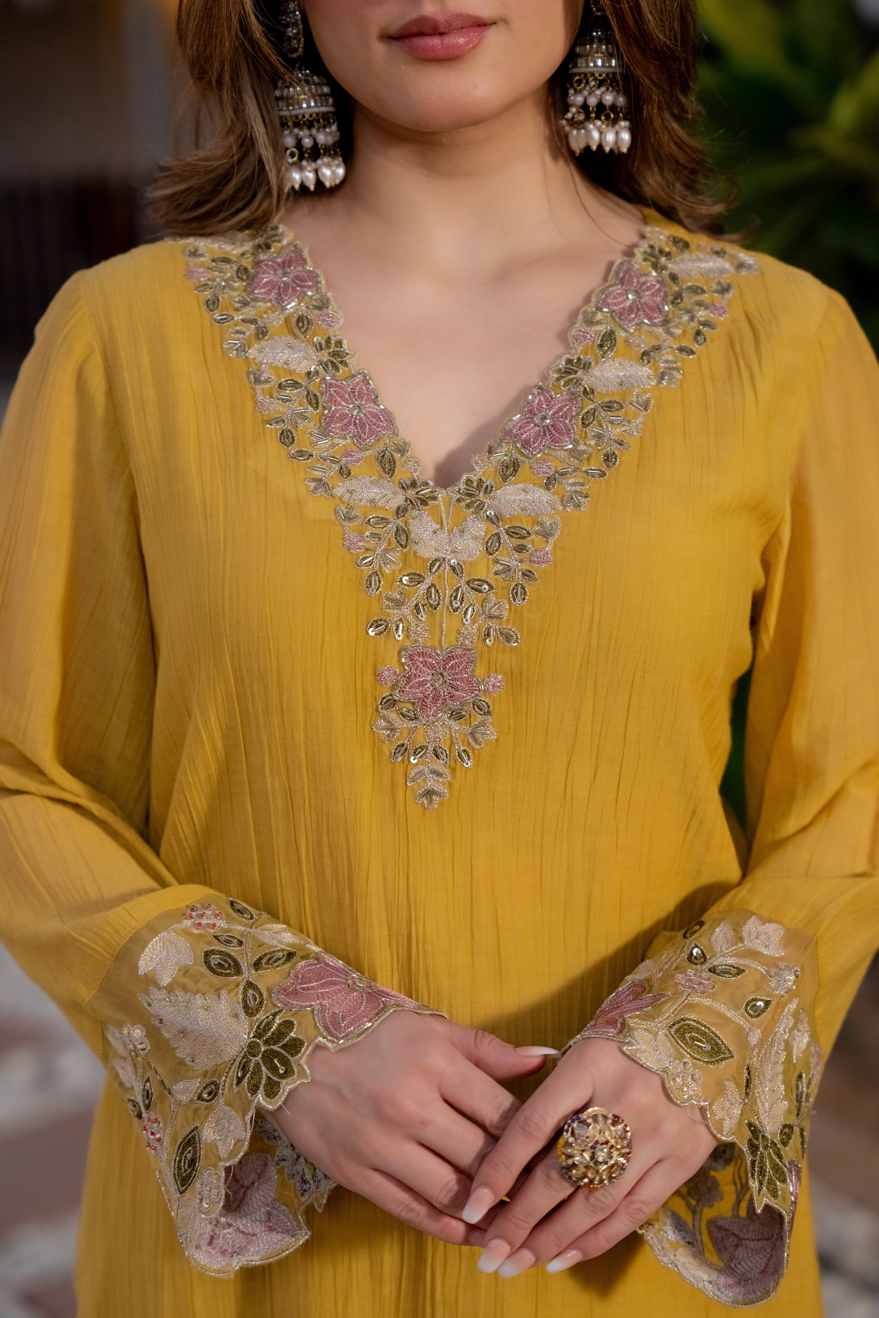 Mustard Yellow Chanderi Embroidered Suit Set