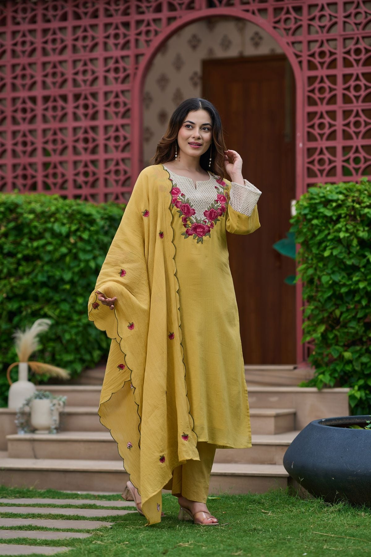 Mustard Rosette Kurta Set