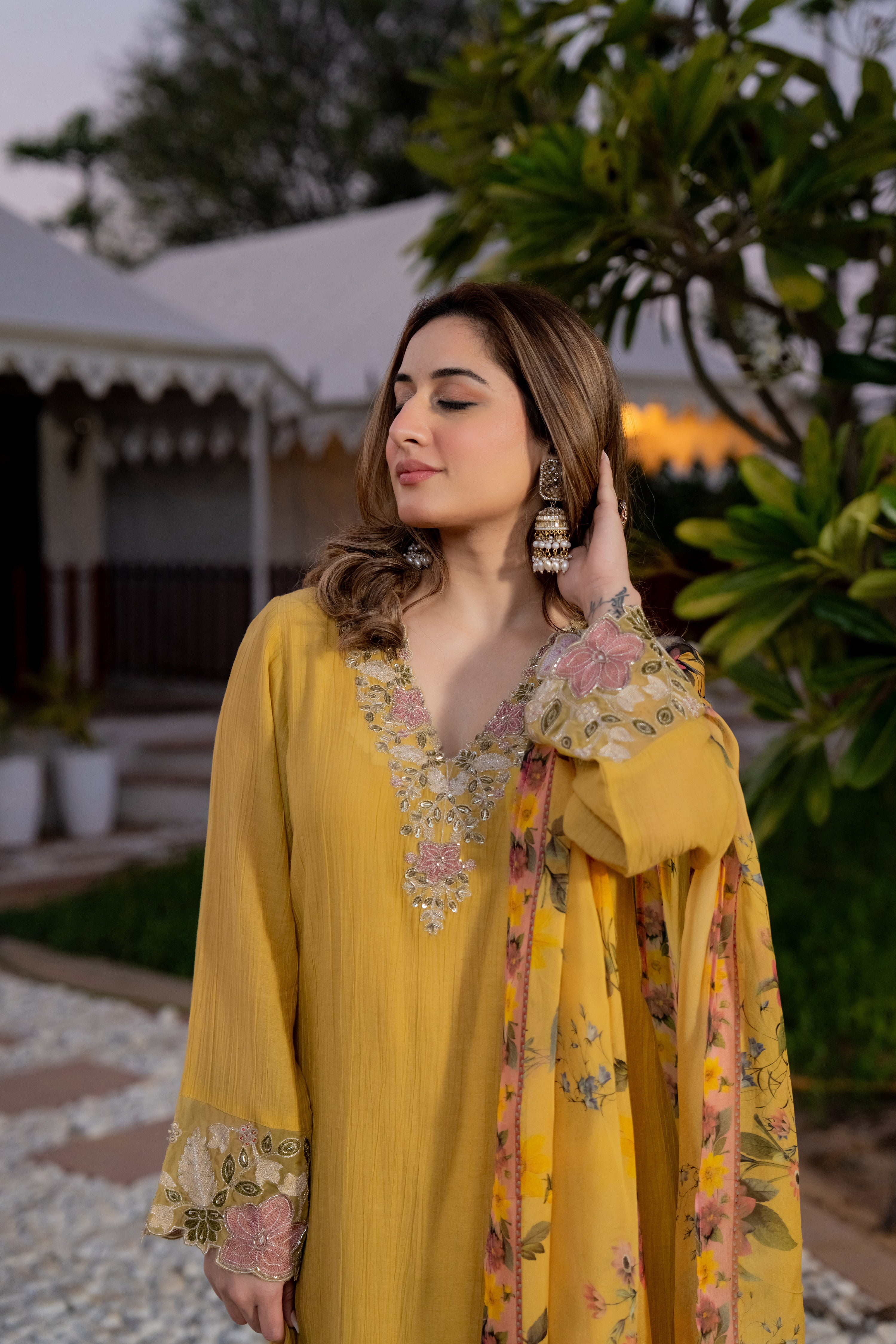 Mustard Yellow Chanderi Embroidered Suit Set