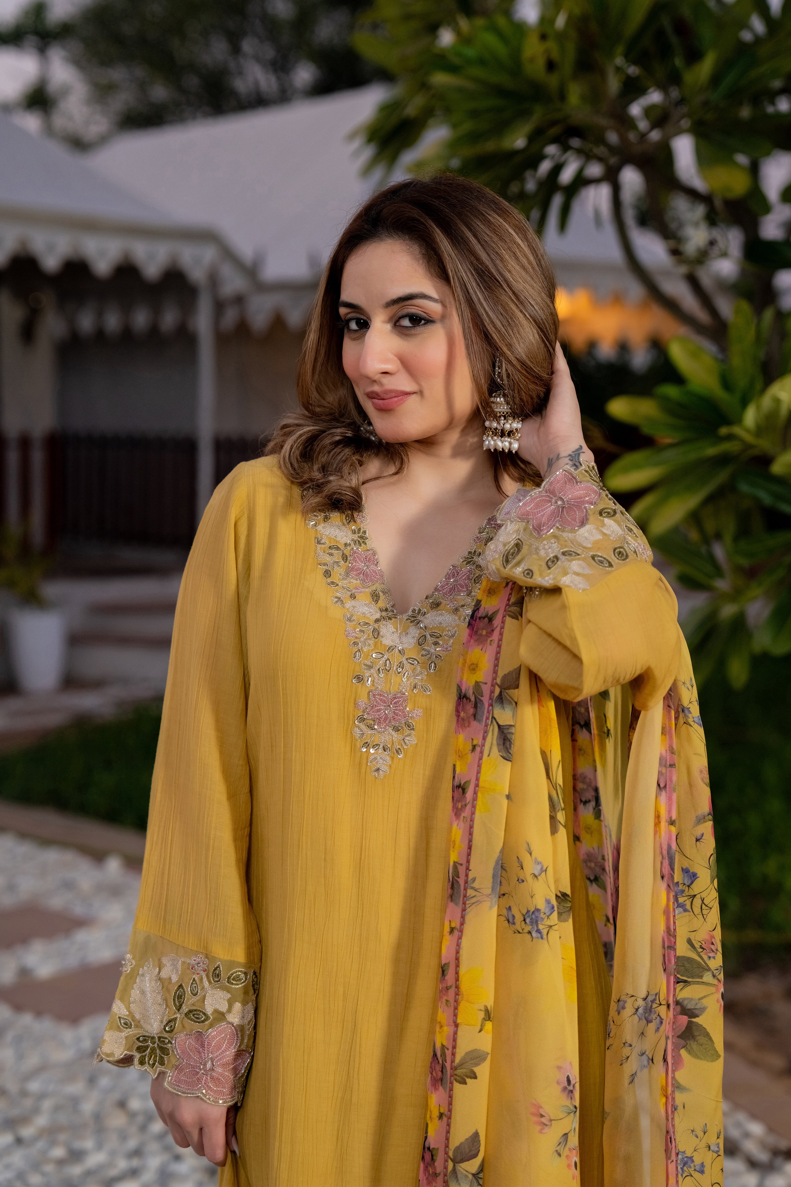 Mustard Yellow Chanderi Embroidered Suit Set