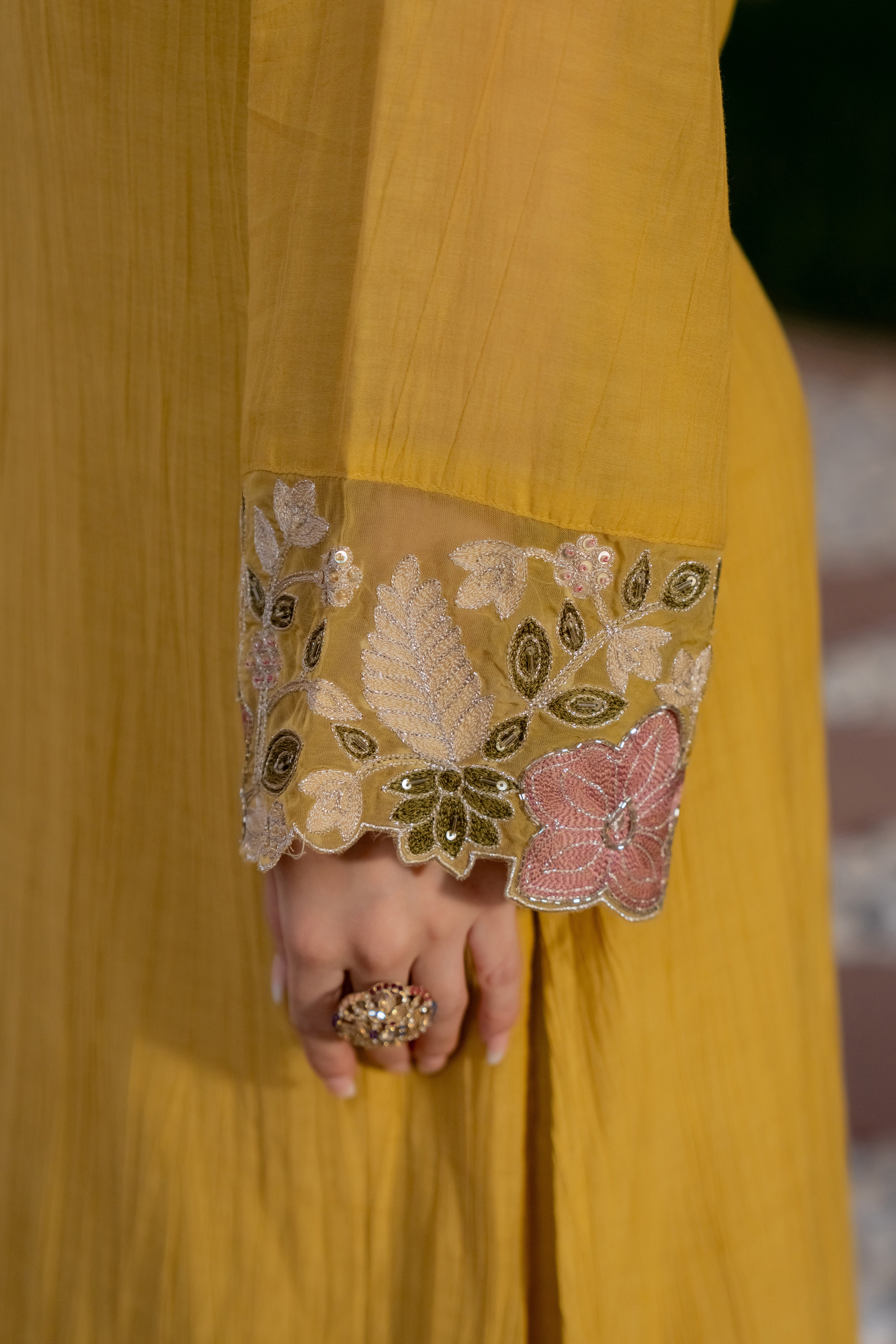 Mustard Yellow Chanderi Embroidered Suit Set