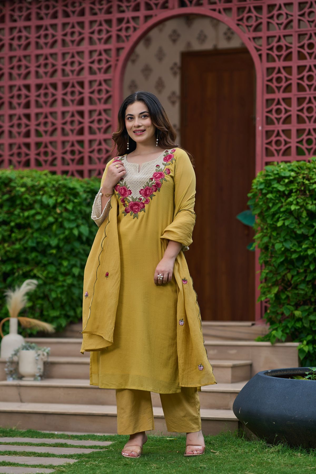 Mustard Rosette Kurta Set
