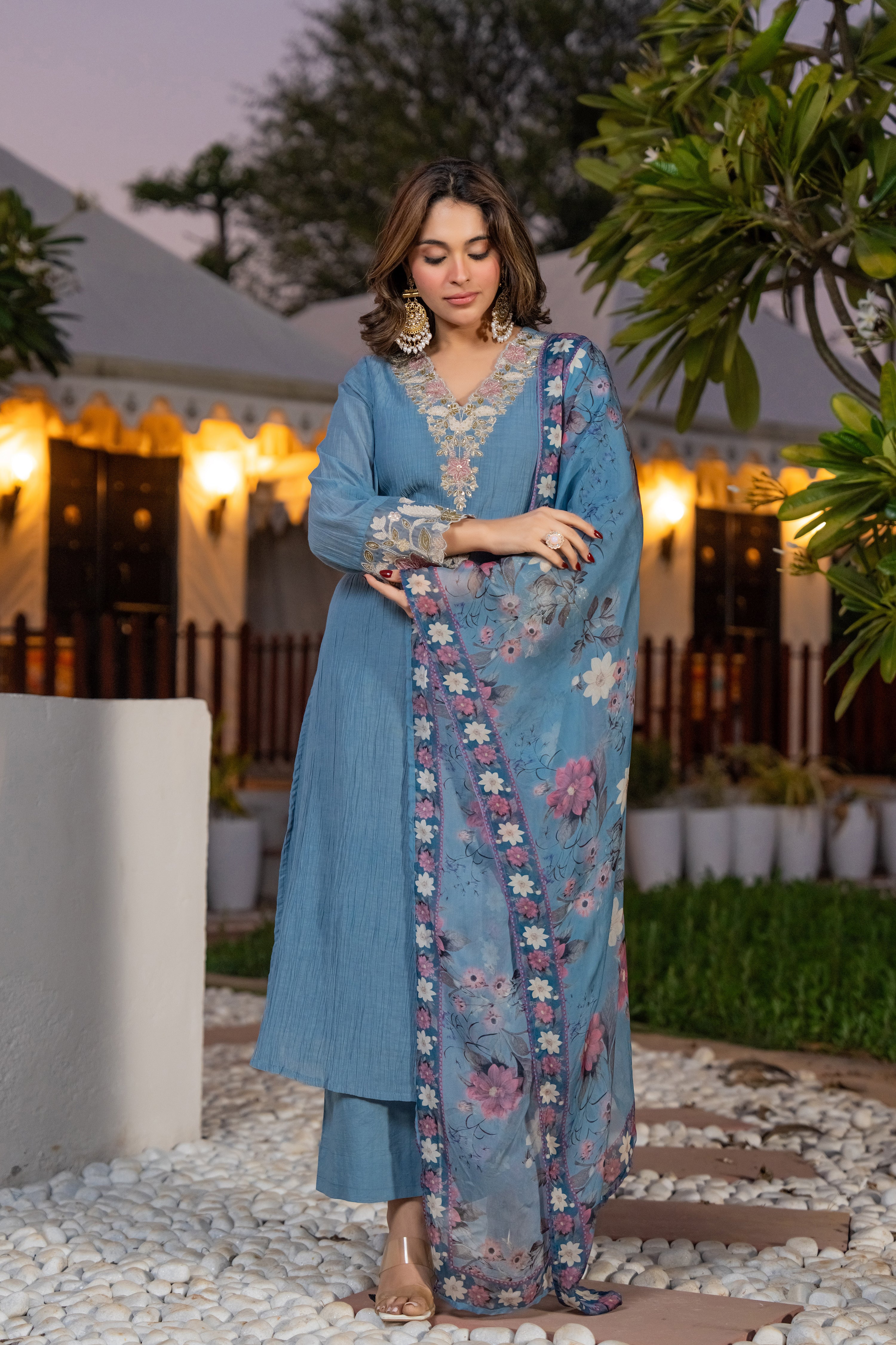 Powder Blue Crush Cotton Embroidered Suit Set