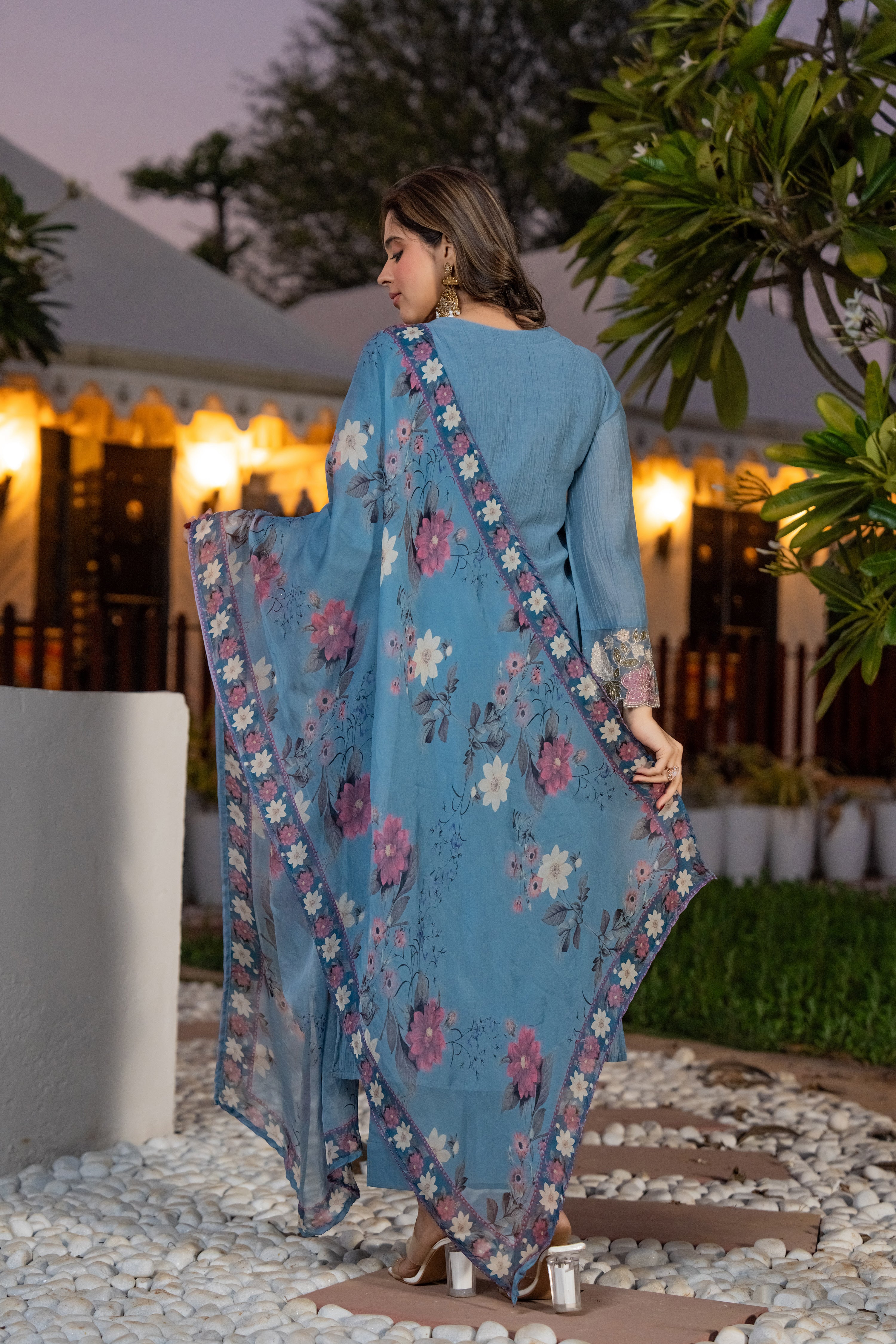 Powder Blue Crush Cotton Embroidered Suit Set