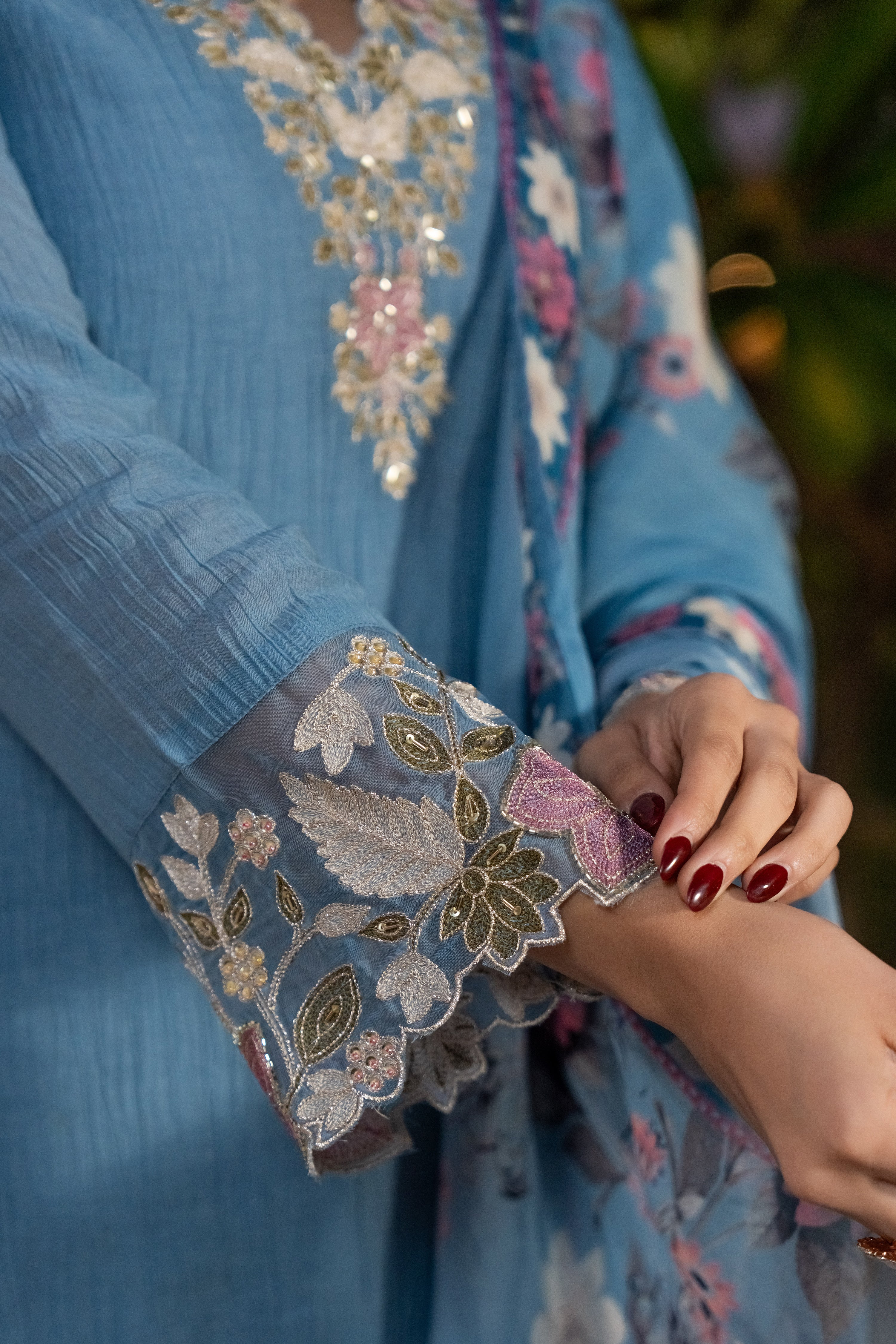Powder Blue Crush Cotton Embroidered Suit Set
