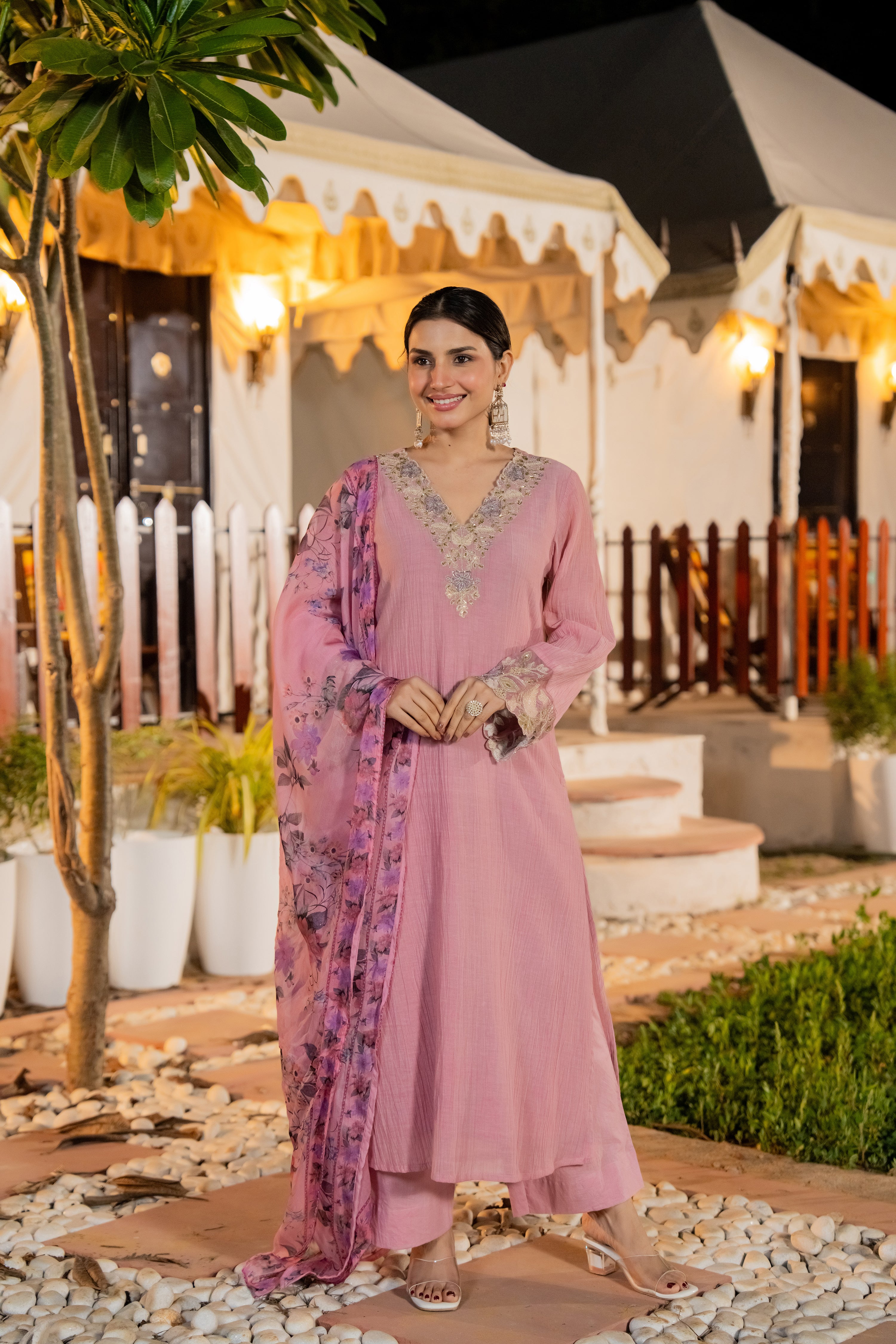 Blush Pink Chanderi Embroidered Suit Set