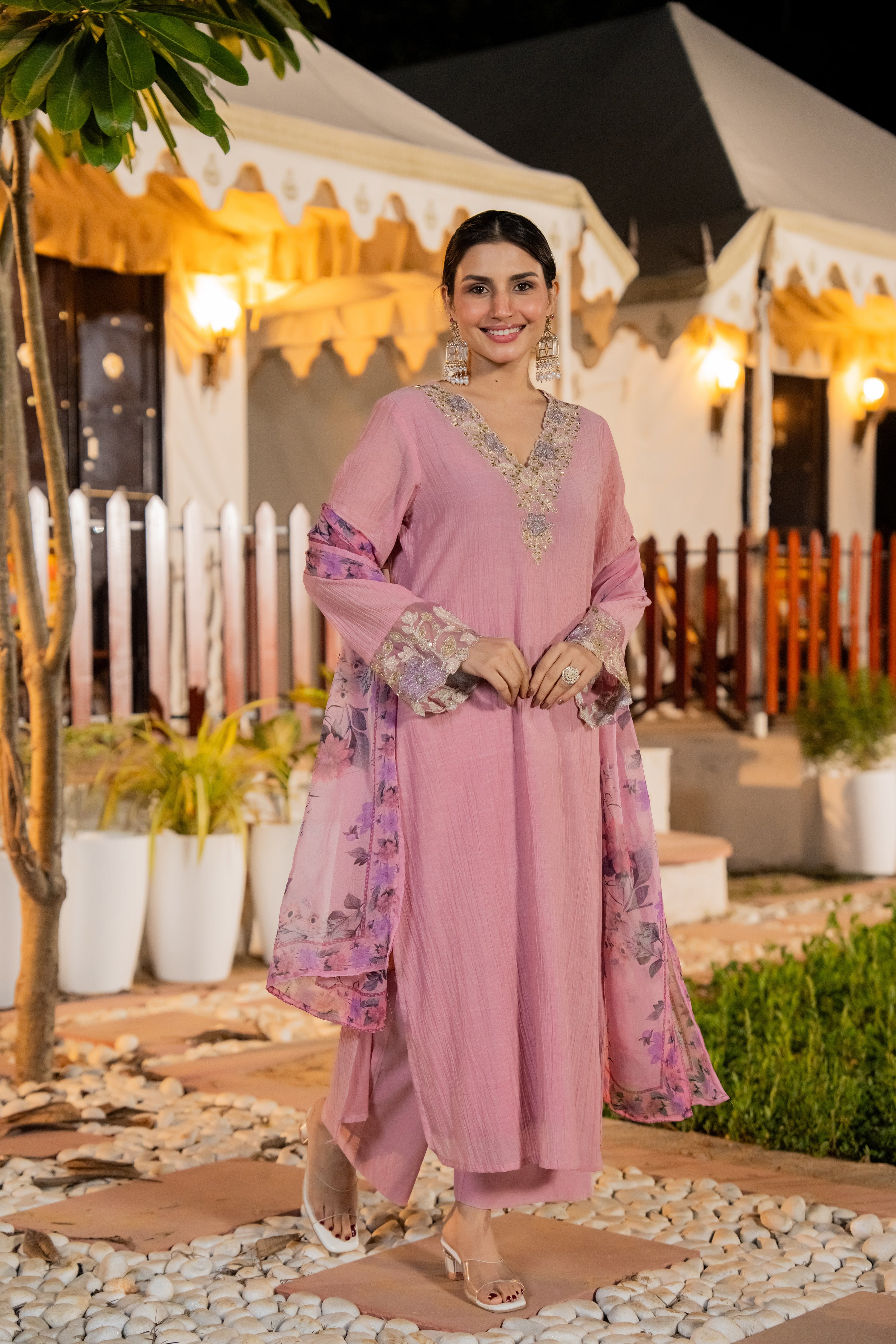 Blush Pink Chanderi Embroidered Suit Set