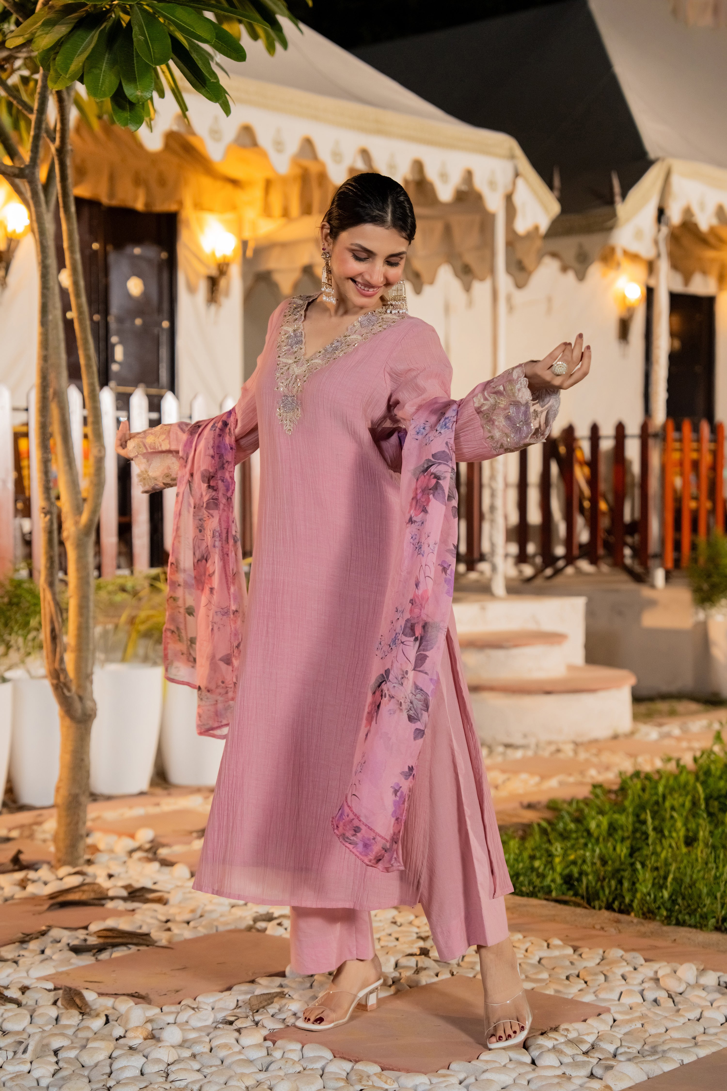 Blush Pink Chanderi Embroidered Suit Set