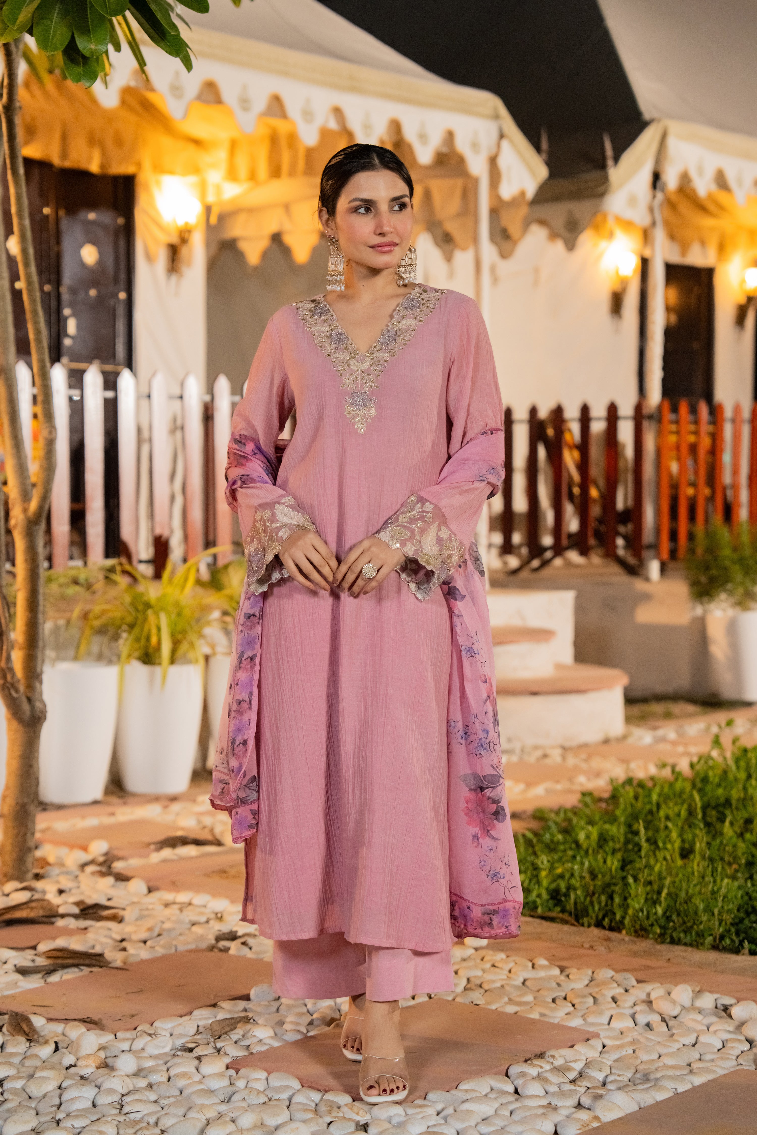 Blush Pink Chanderi Embroidered Suit Set