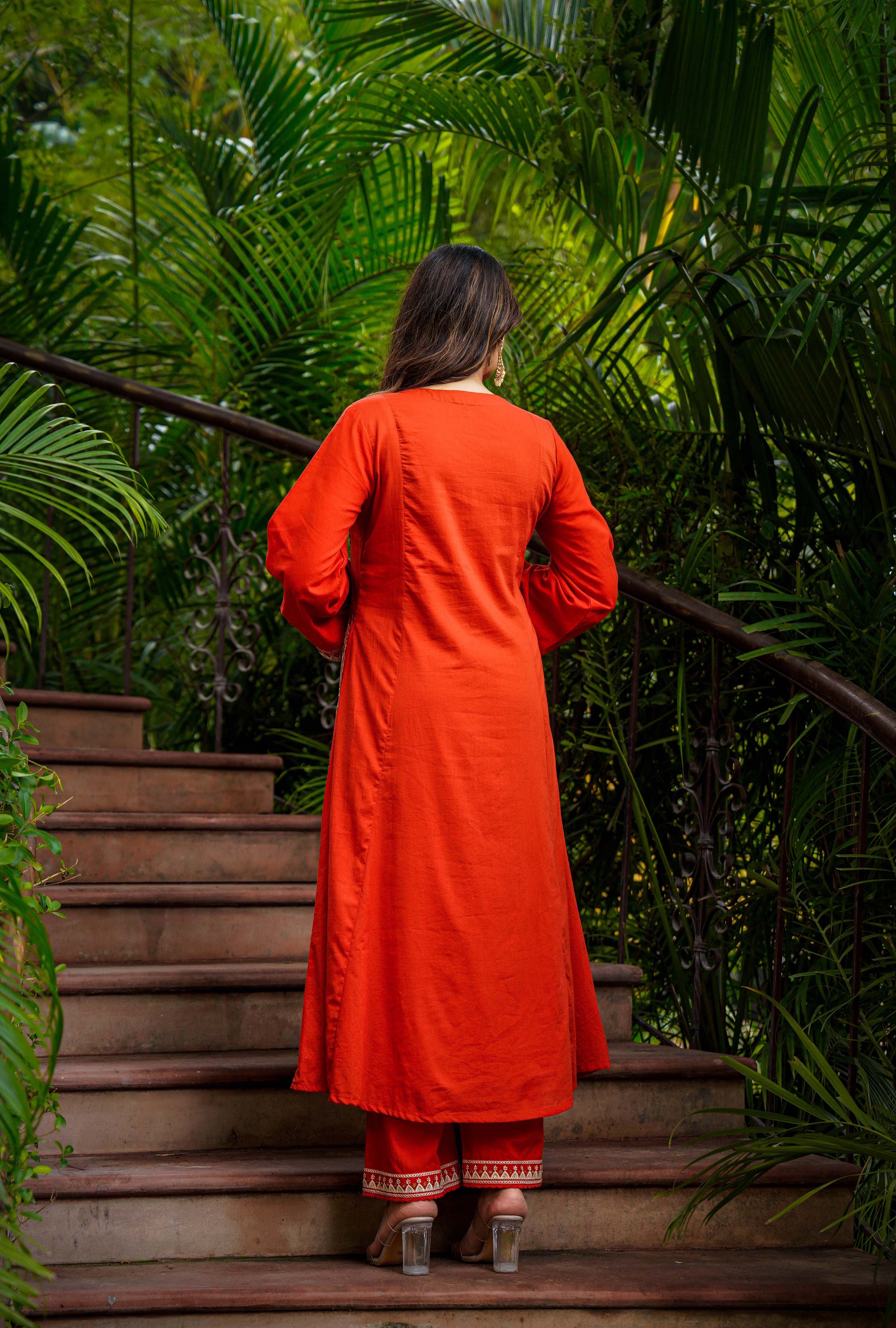 Rust Bloom Flared Mul Cotton Suit Set