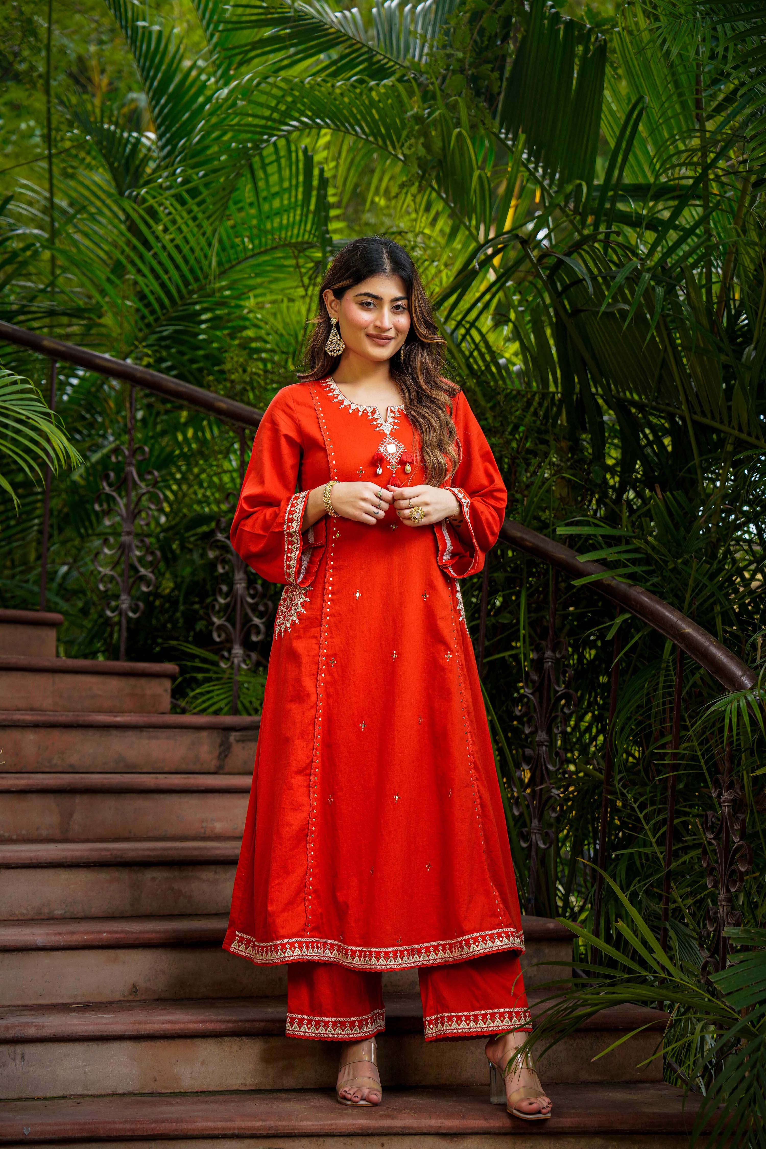 Rust Bloom Flared Mul Cotton Suit Set