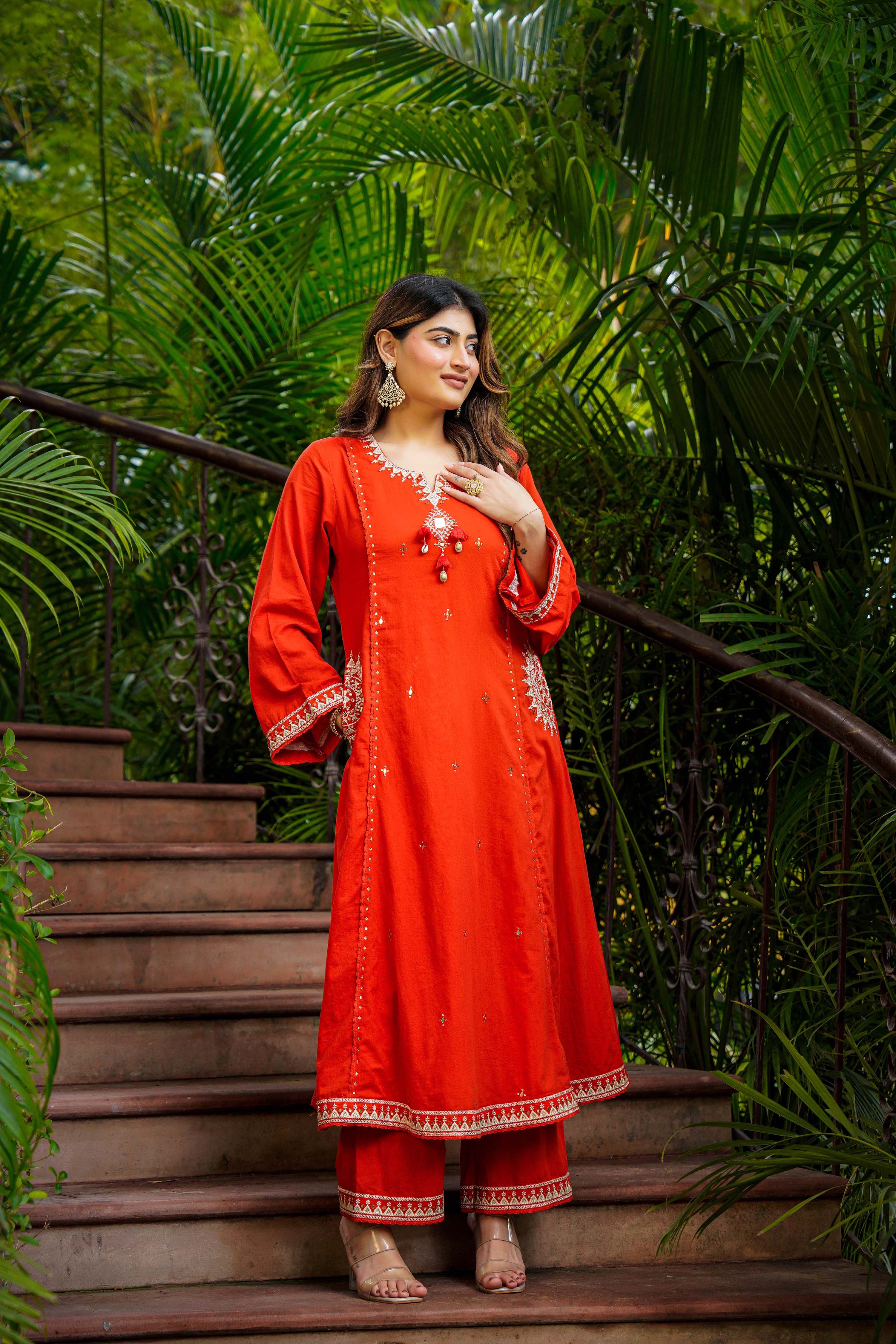 Rust Bloom Flared Mul Cotton Suit Set