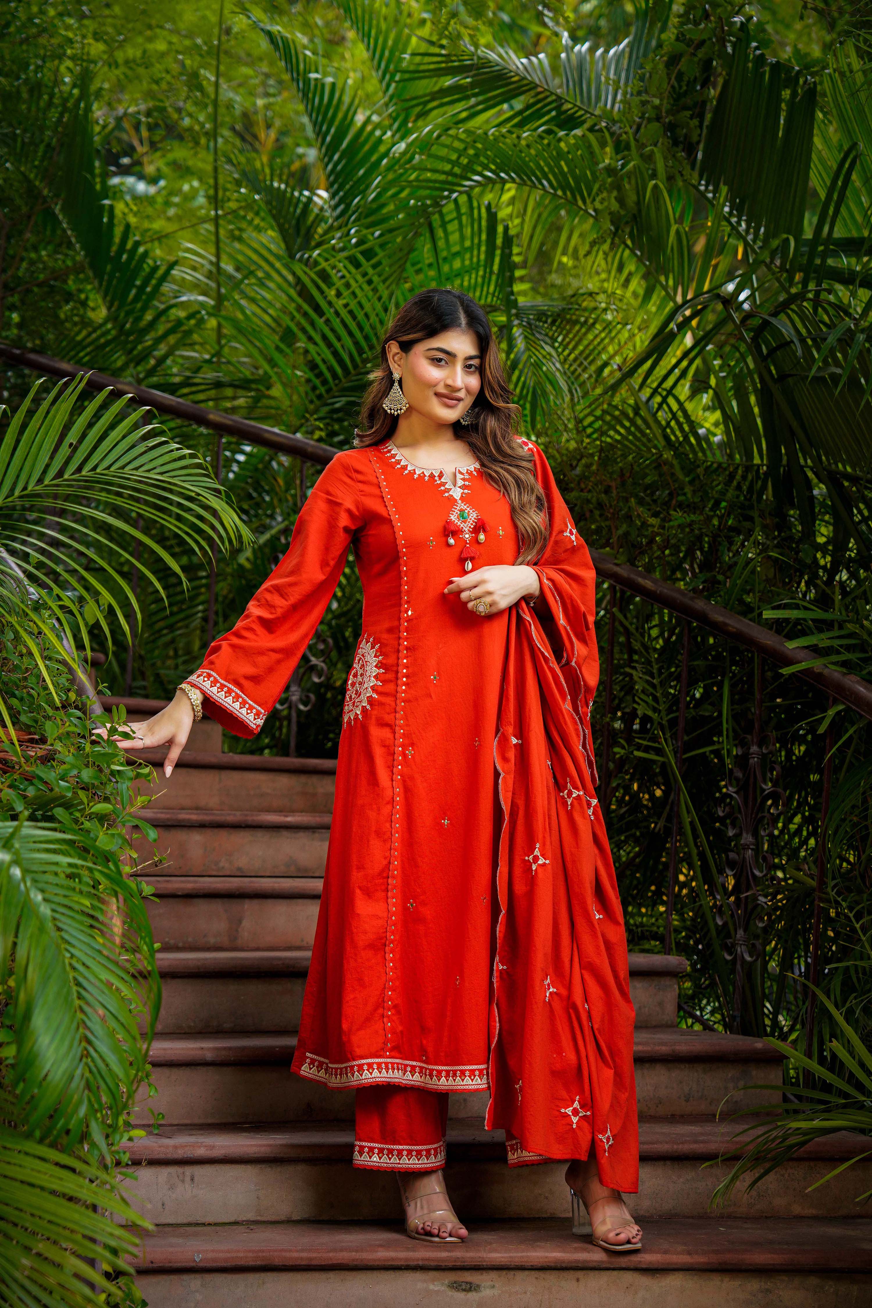 Rust Bloom Flared Mul Cotton Suit Set