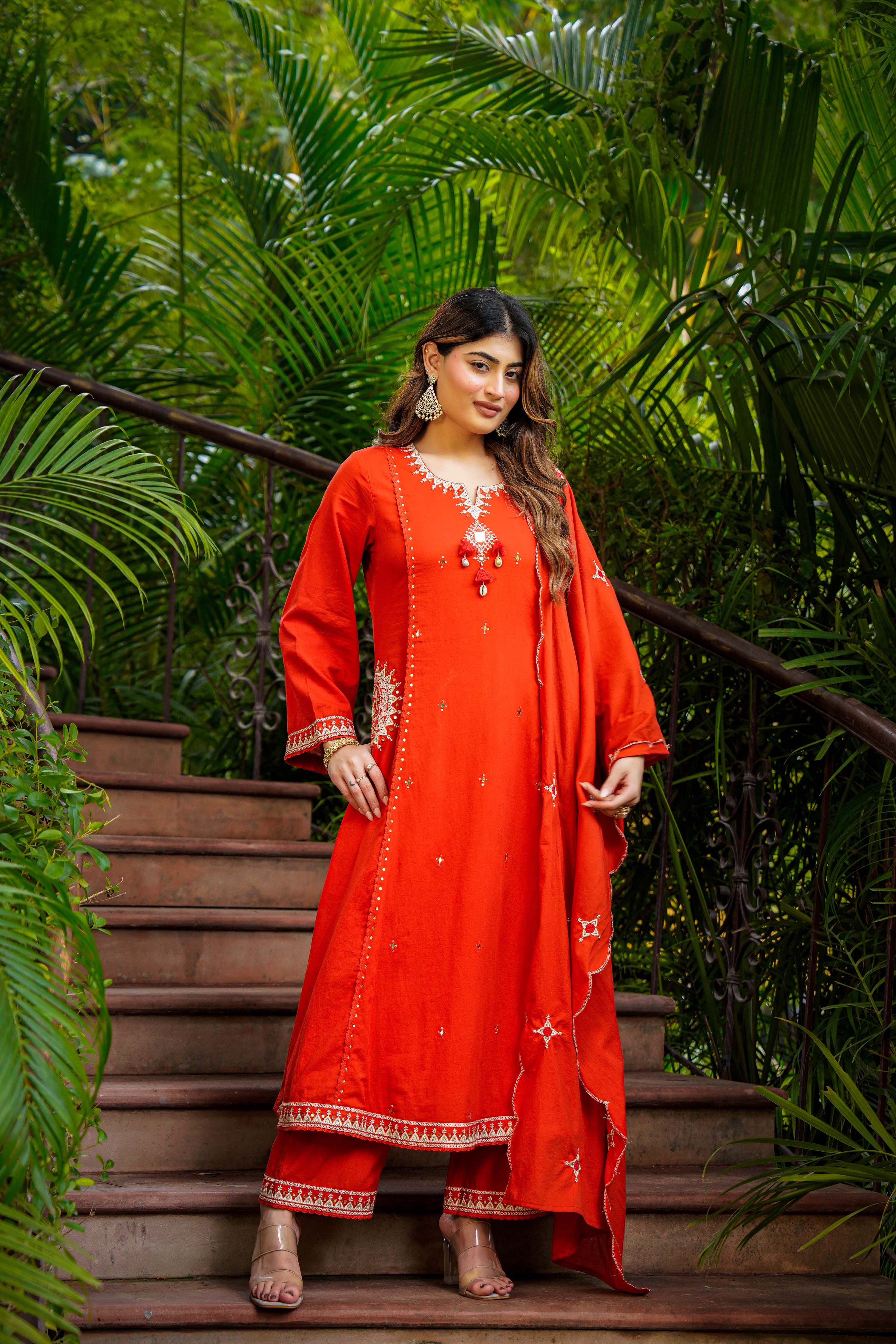 Rust Bloom Flared Mul Cotton Suit Set