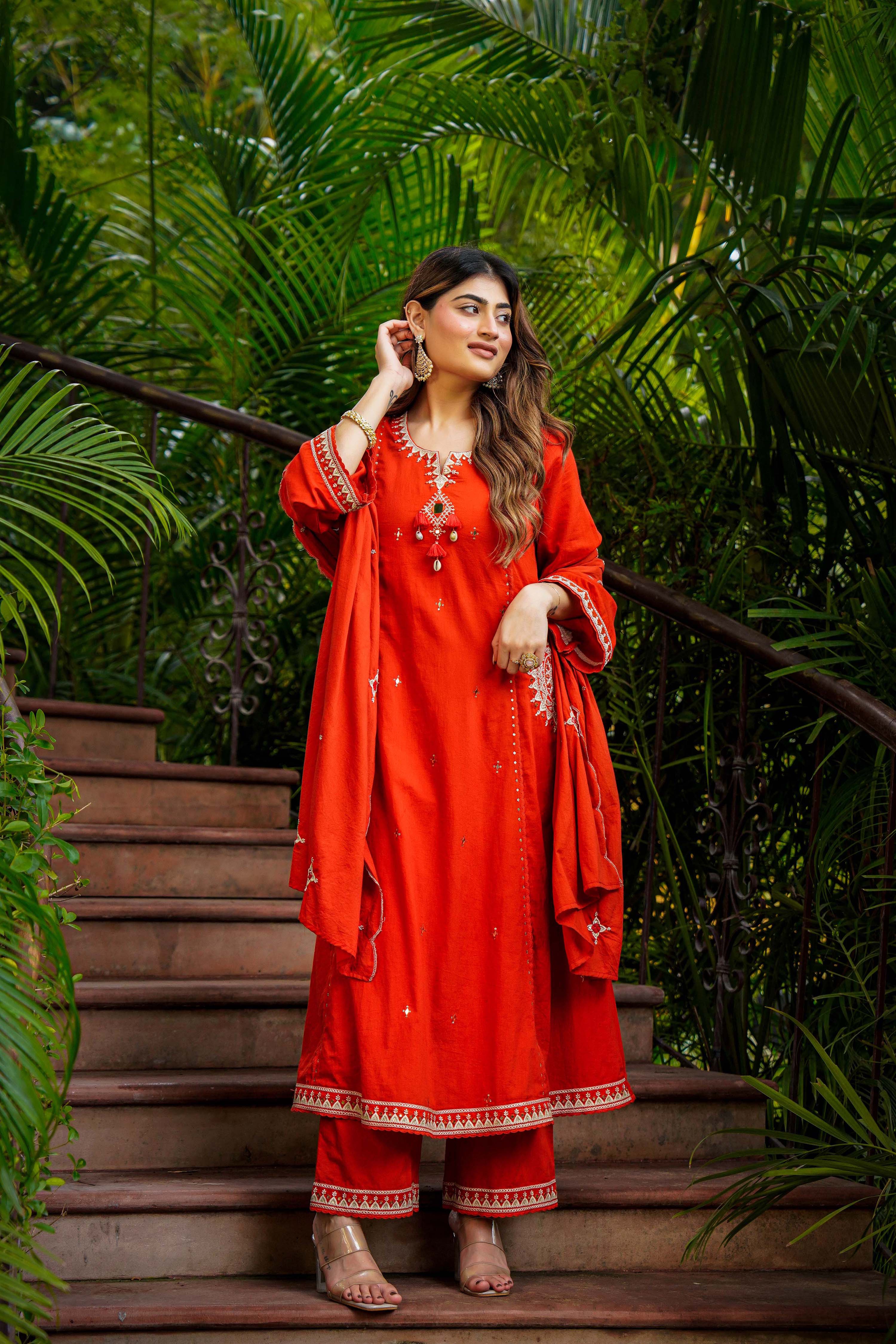 Rust Bloom Flared Mul Cotton Suit Set
