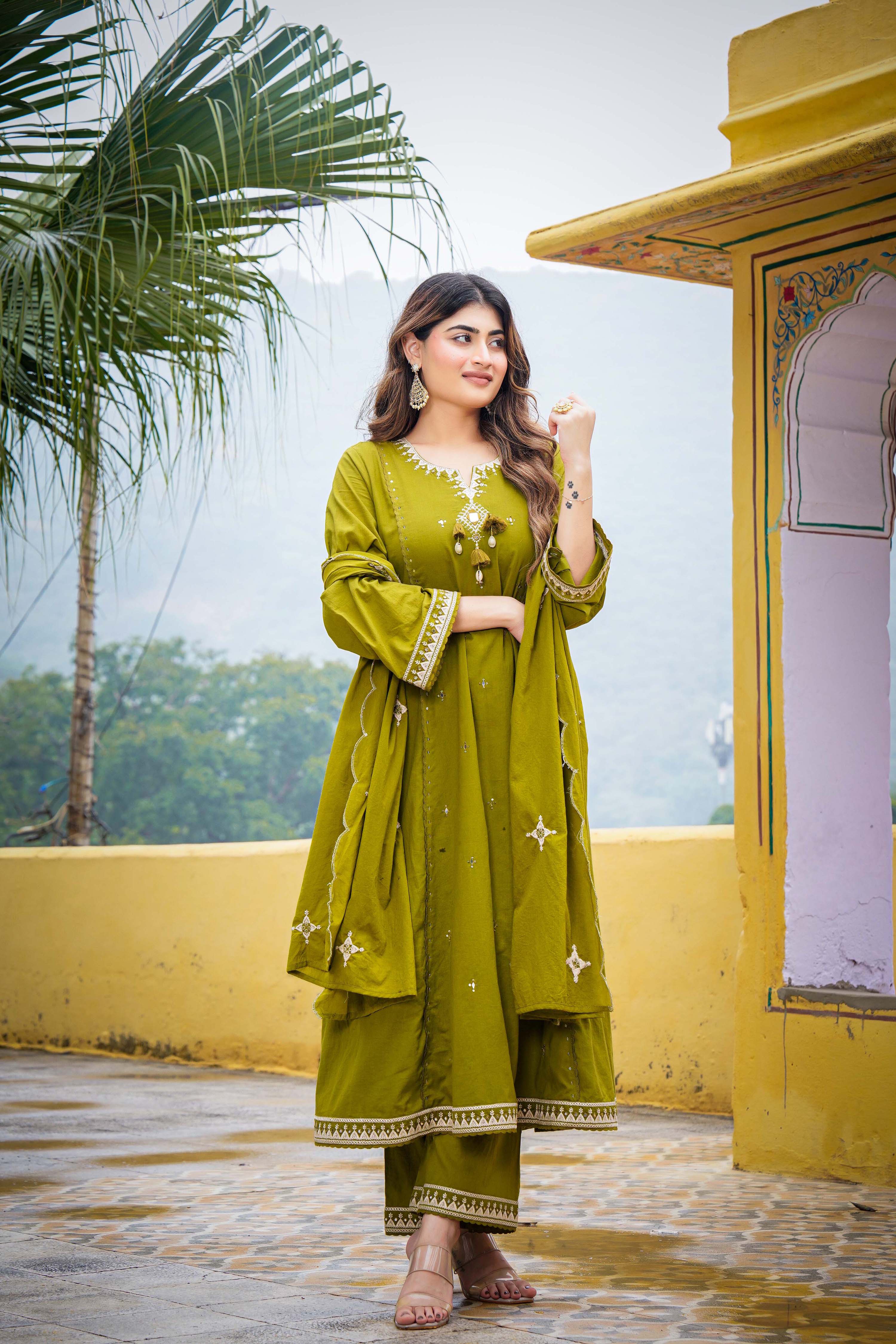Olive Bloom Flared Mul Cotton Suit Set