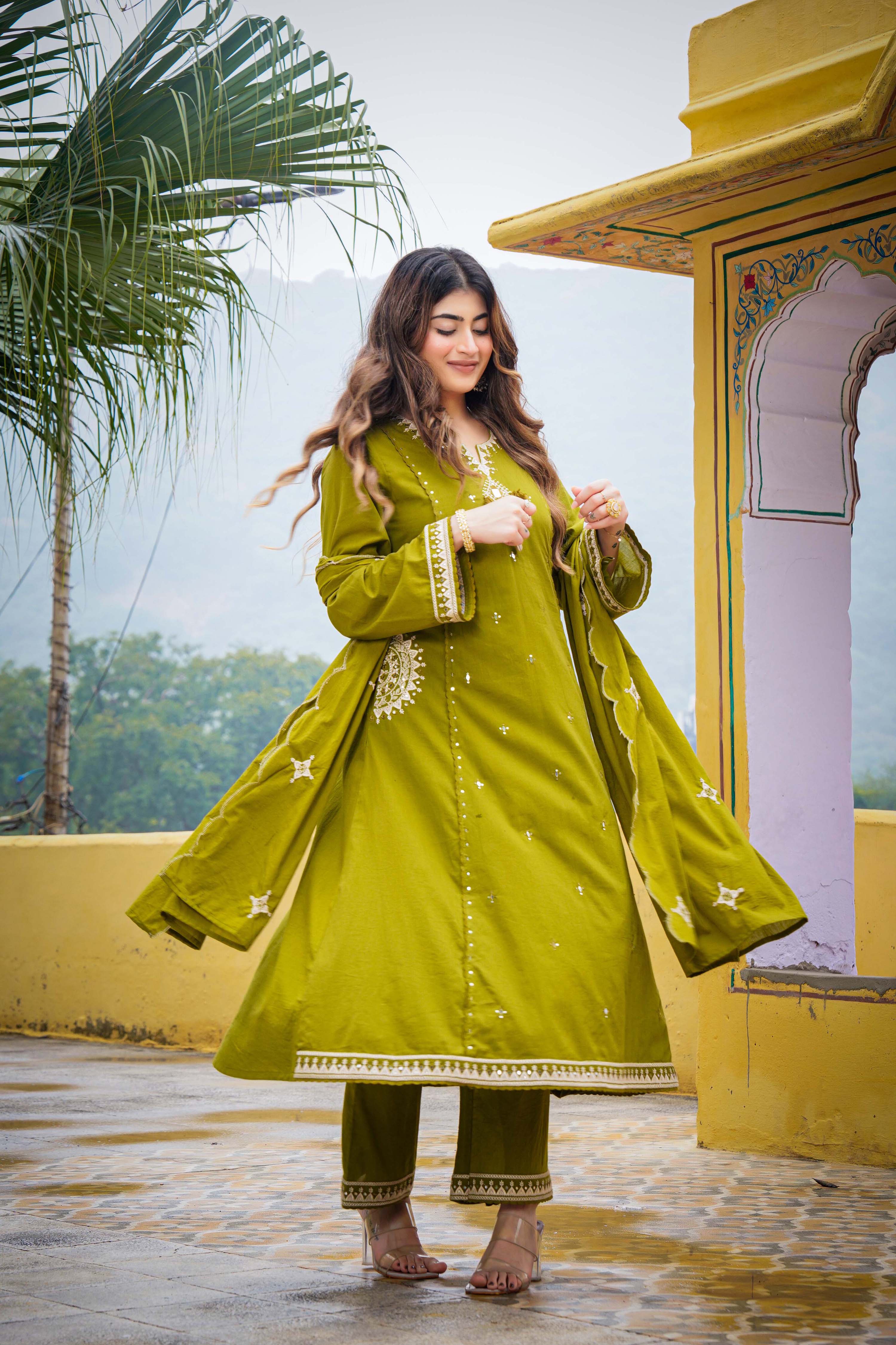 Olive Bloom Flared Mul Cotton Suit Set