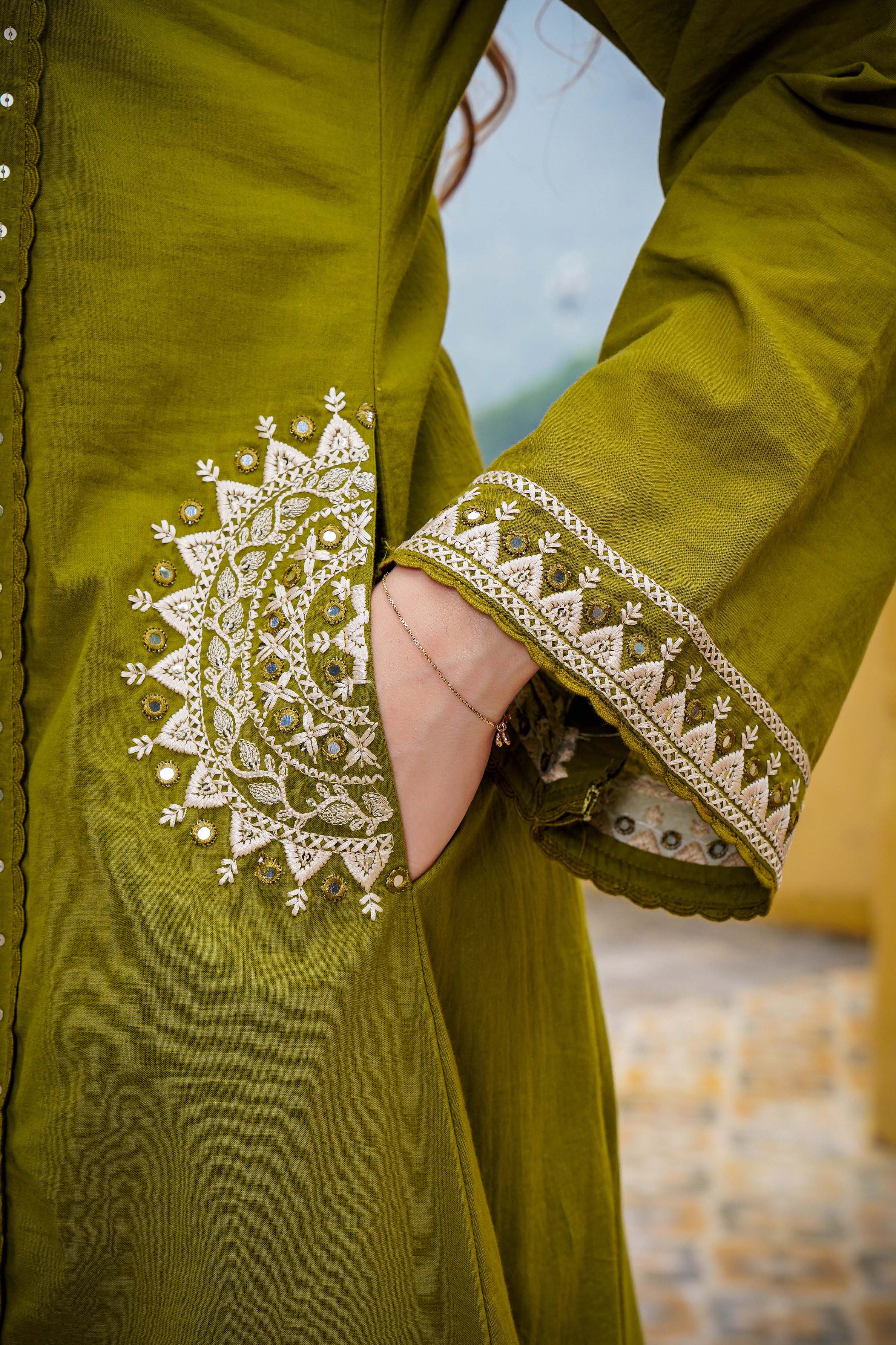 Olive Bloom Flared Mul Cotton Suit Set