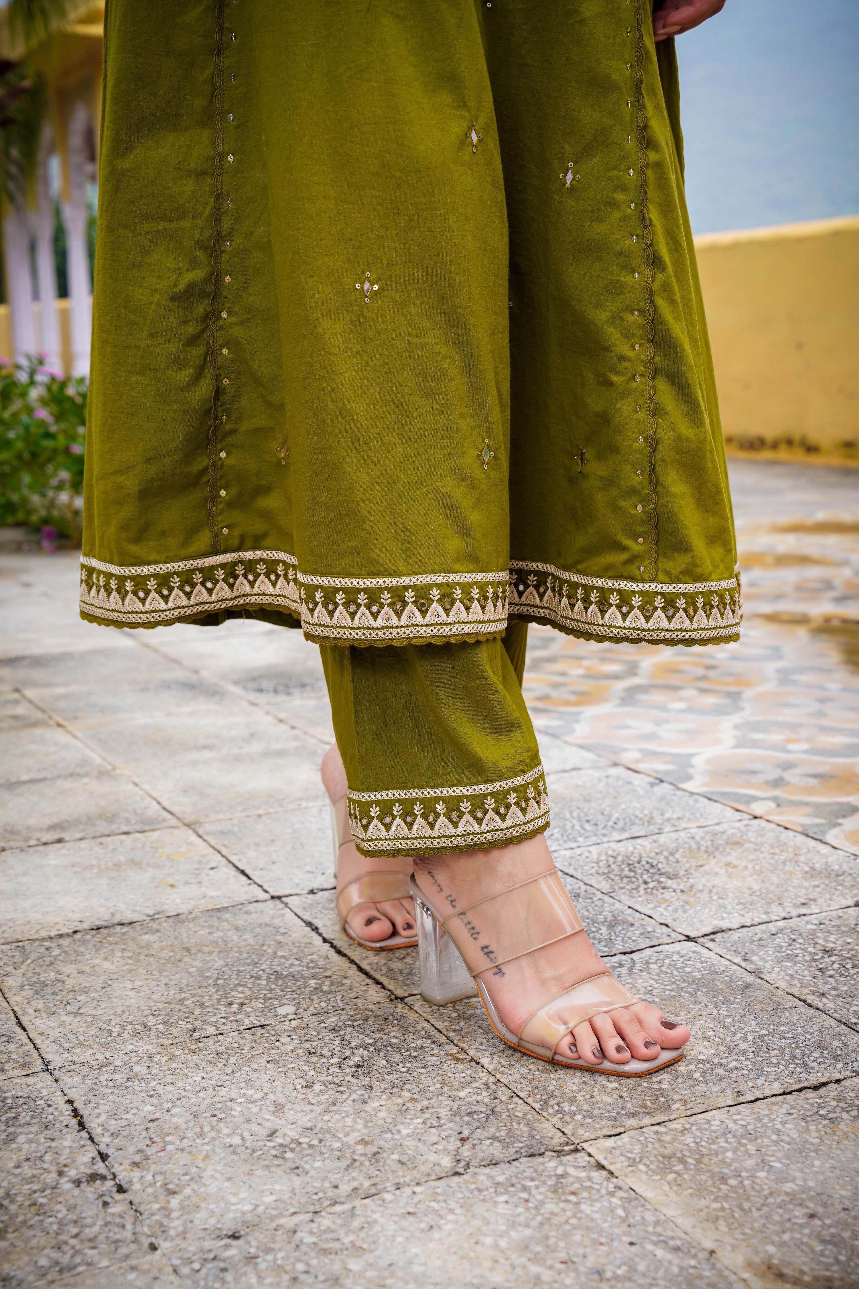 Olive Bloom Flared Mul Cotton Suit Set