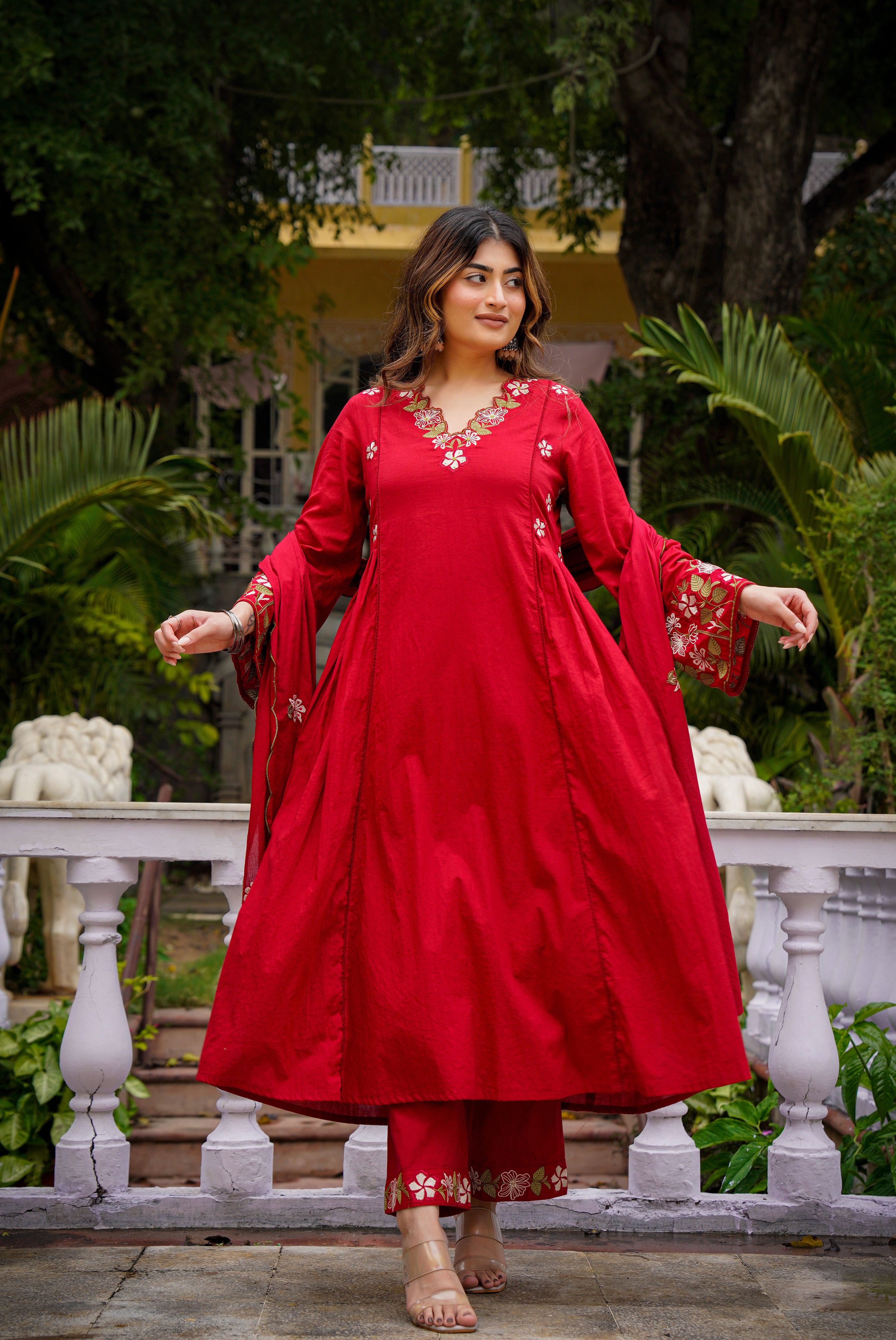 Crimson Charm Cotton Suit Set