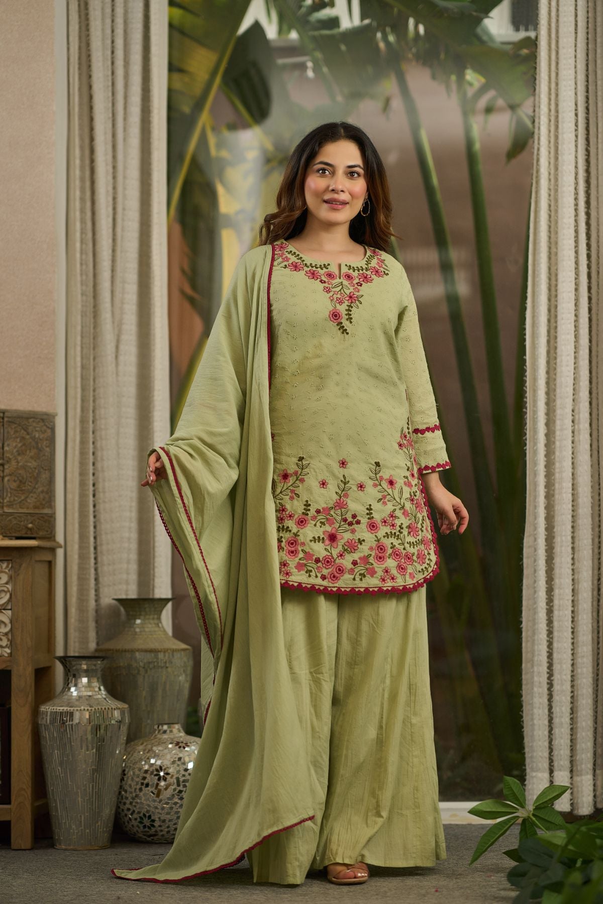 Olive Embroidered Suit Set
