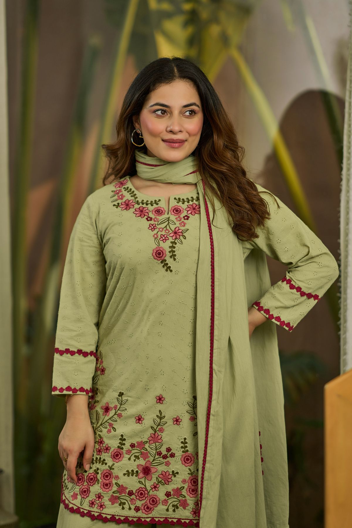 Olive Embroidered Suit Set
