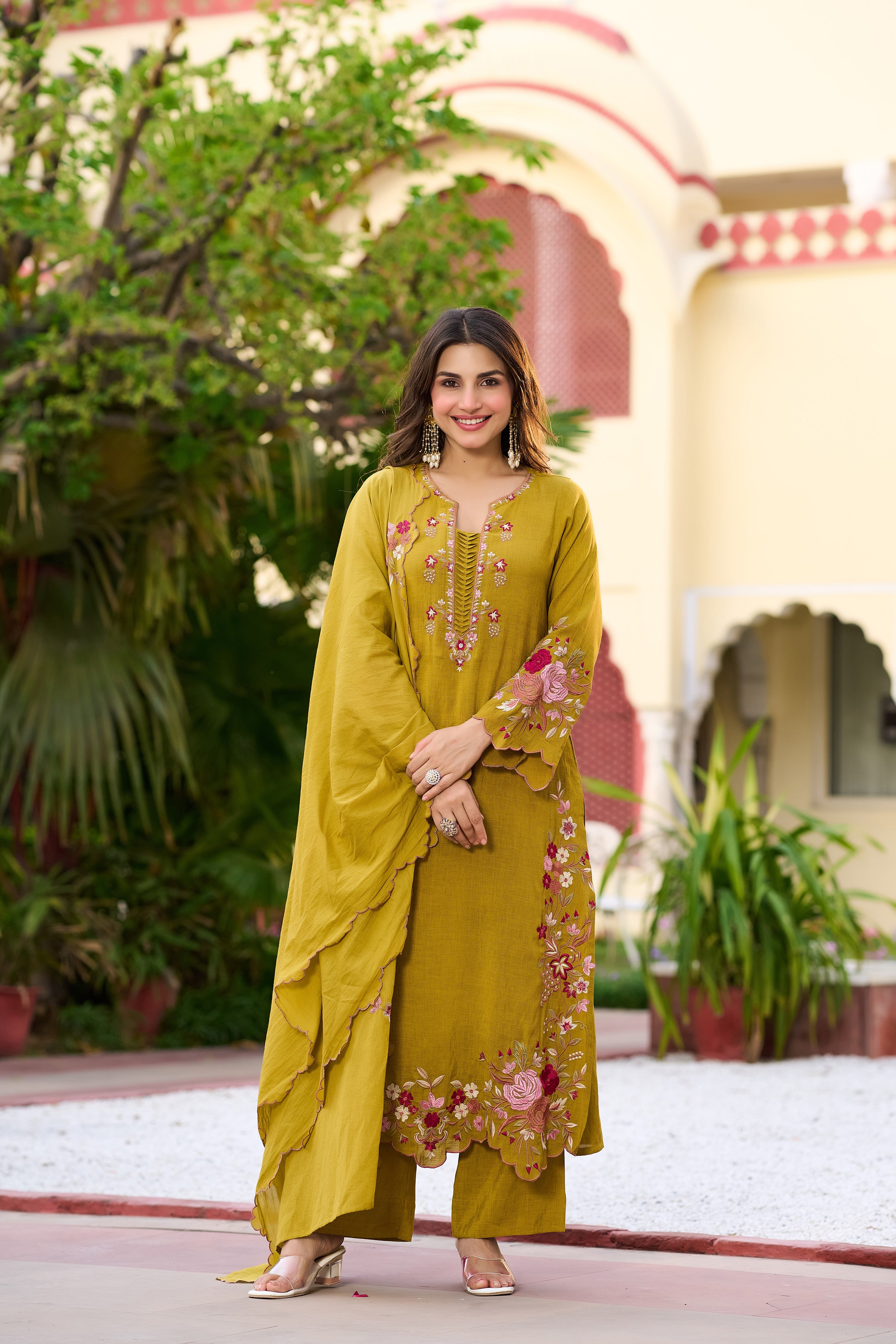 Mustard Bloom Embroidered Suit Set