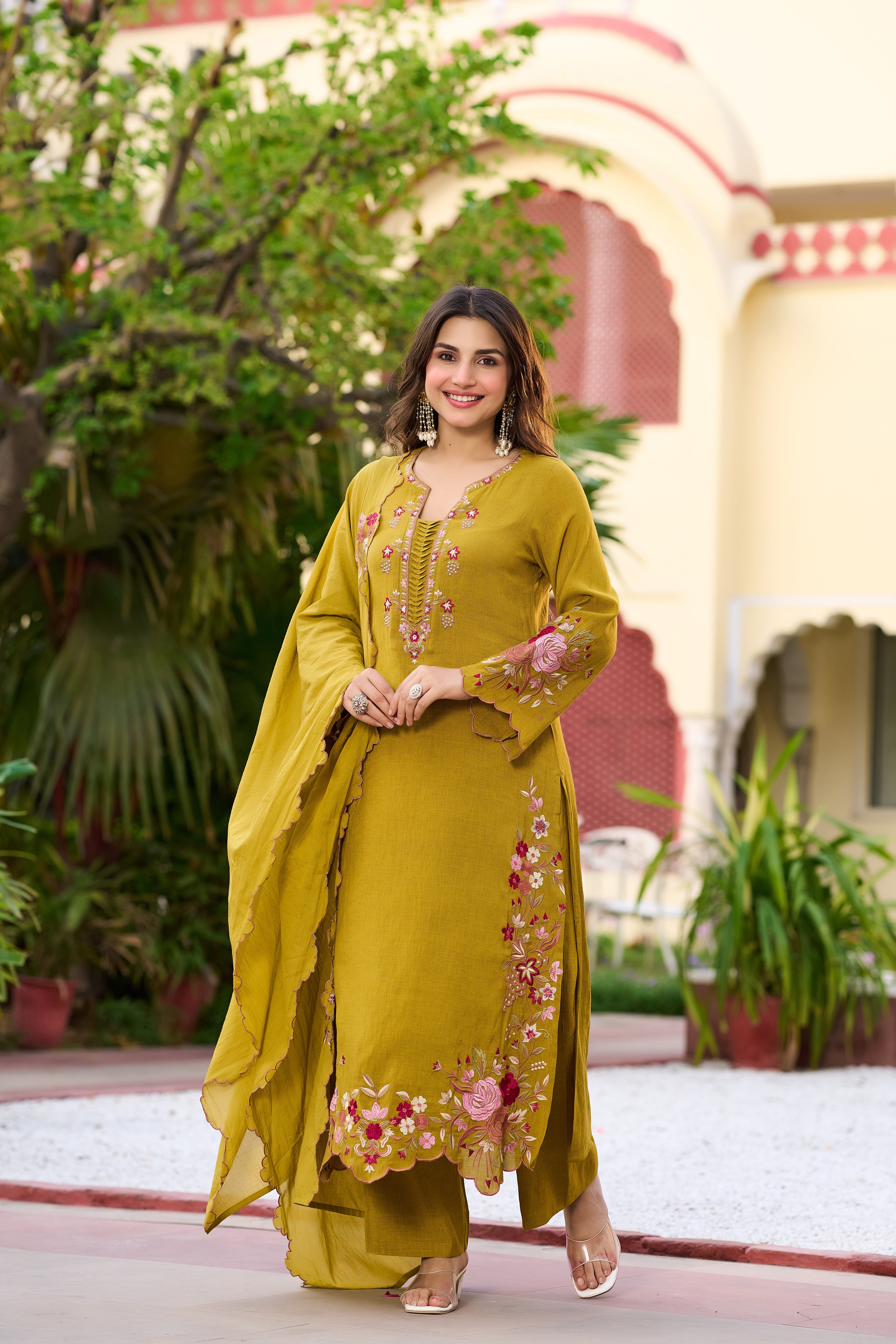 Mustard Bloom Embroidered Suit Set