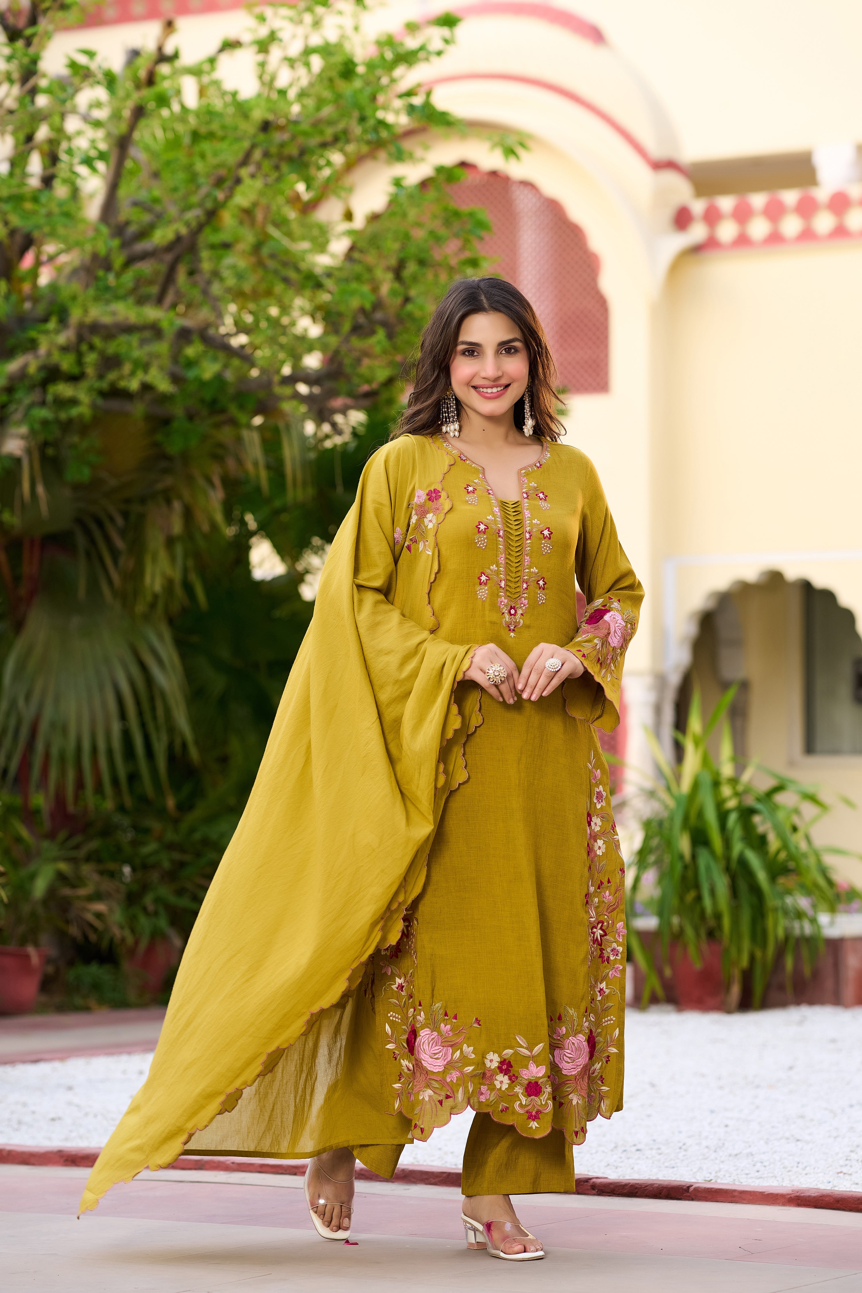 Mustard Bloom Embroidered Suit Set