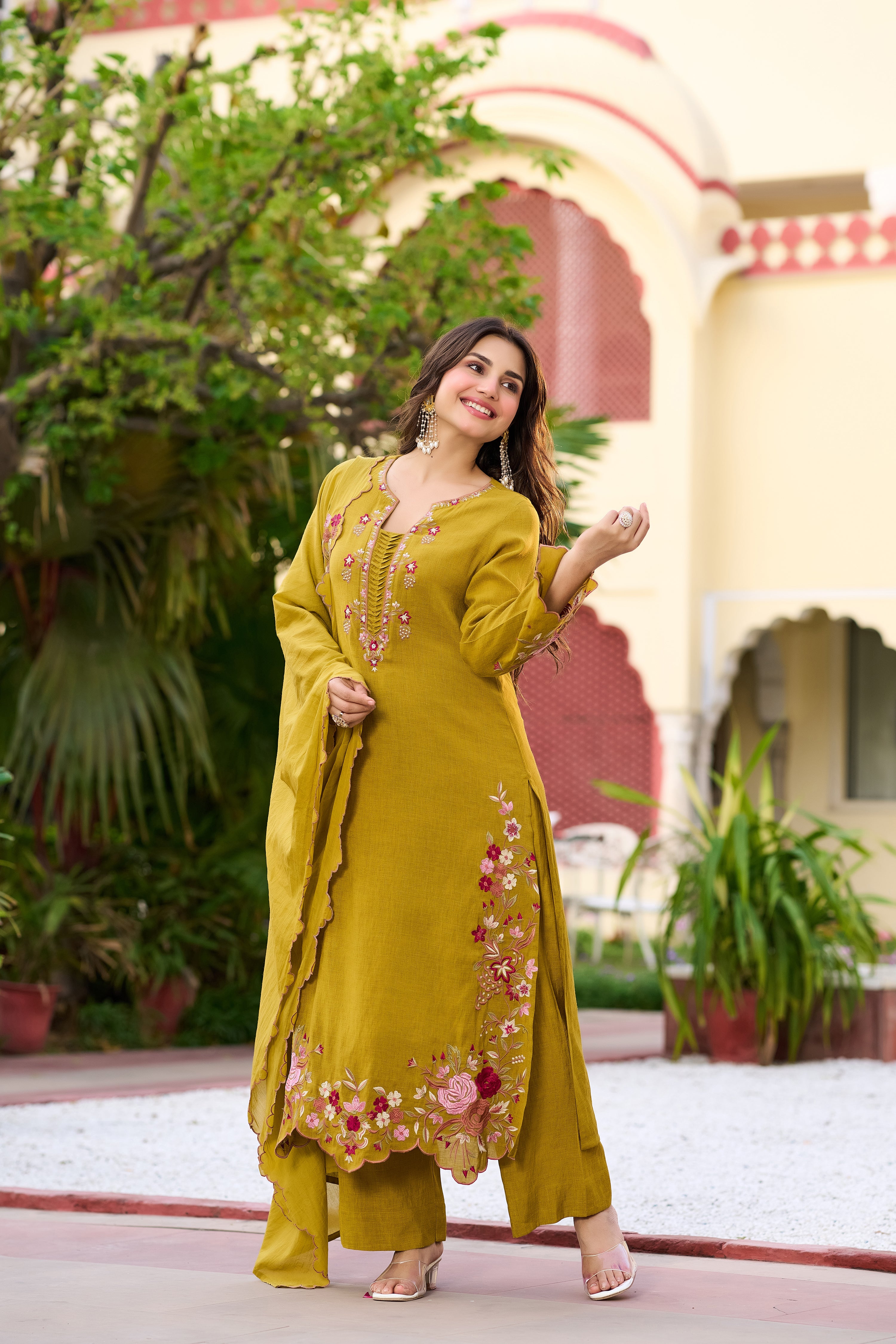 Mustard Bloom Embroidered Suit Set