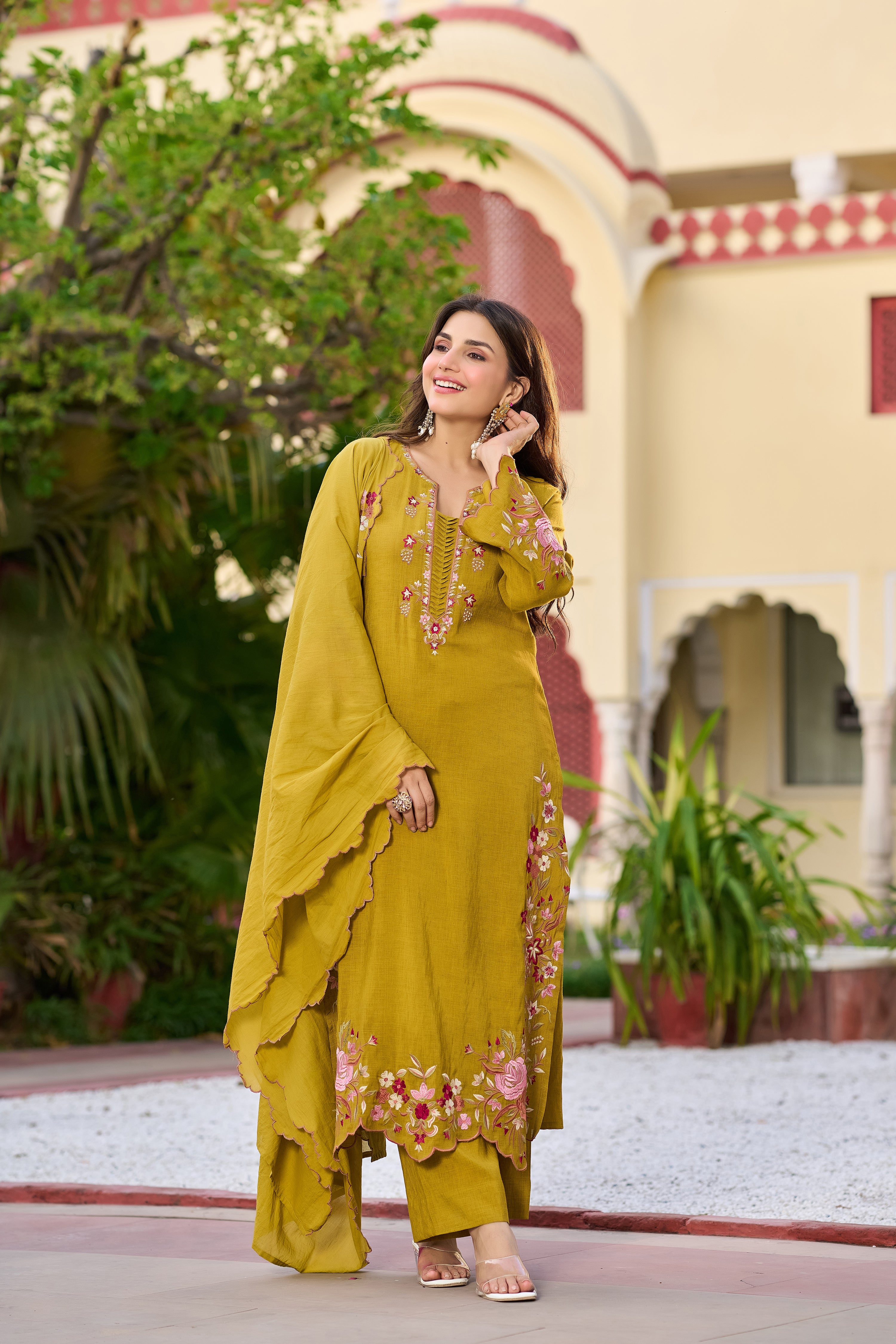 Mustard Bloom Embroidered Suit Set