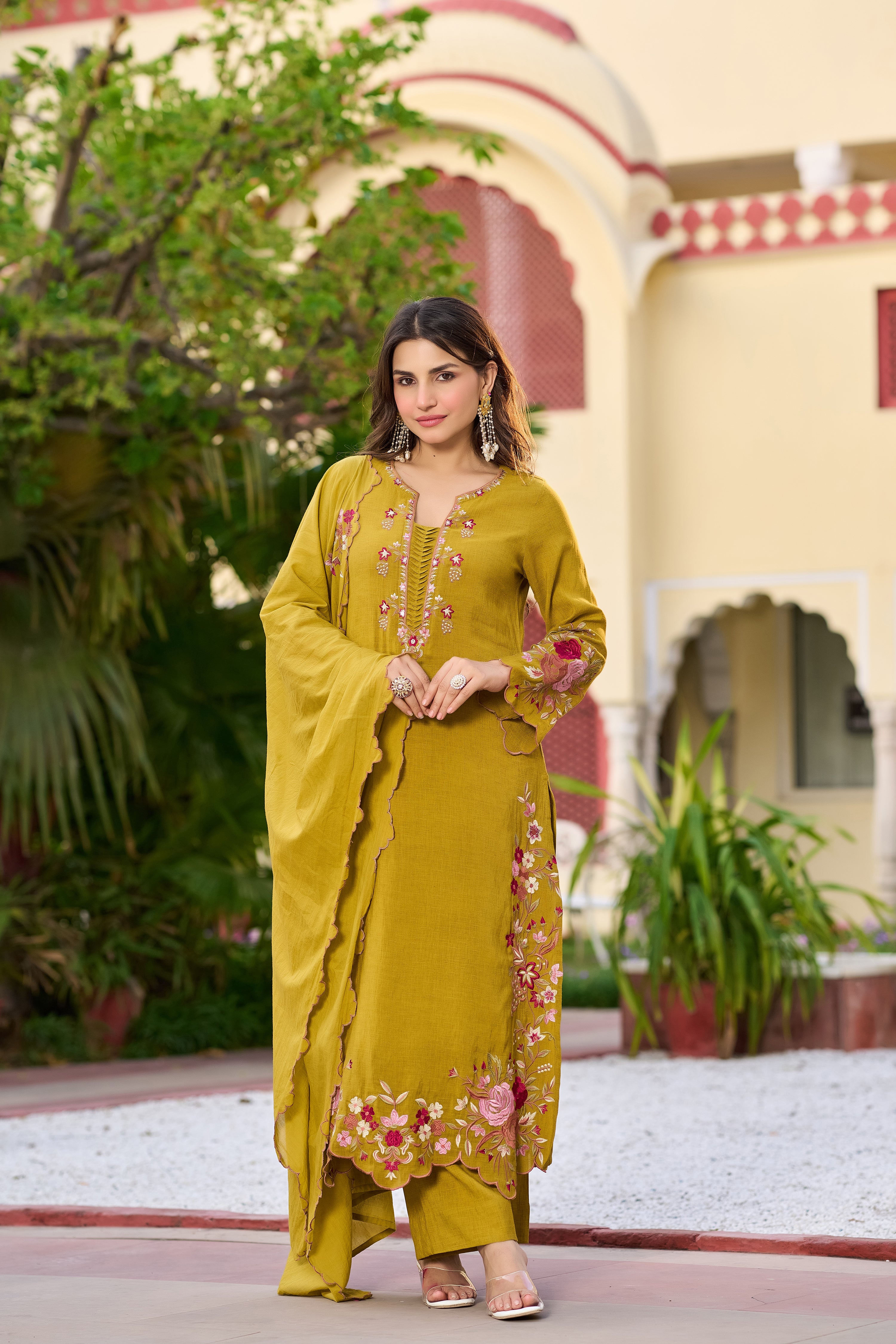 Mustard Bloom Embroidered Suit Set